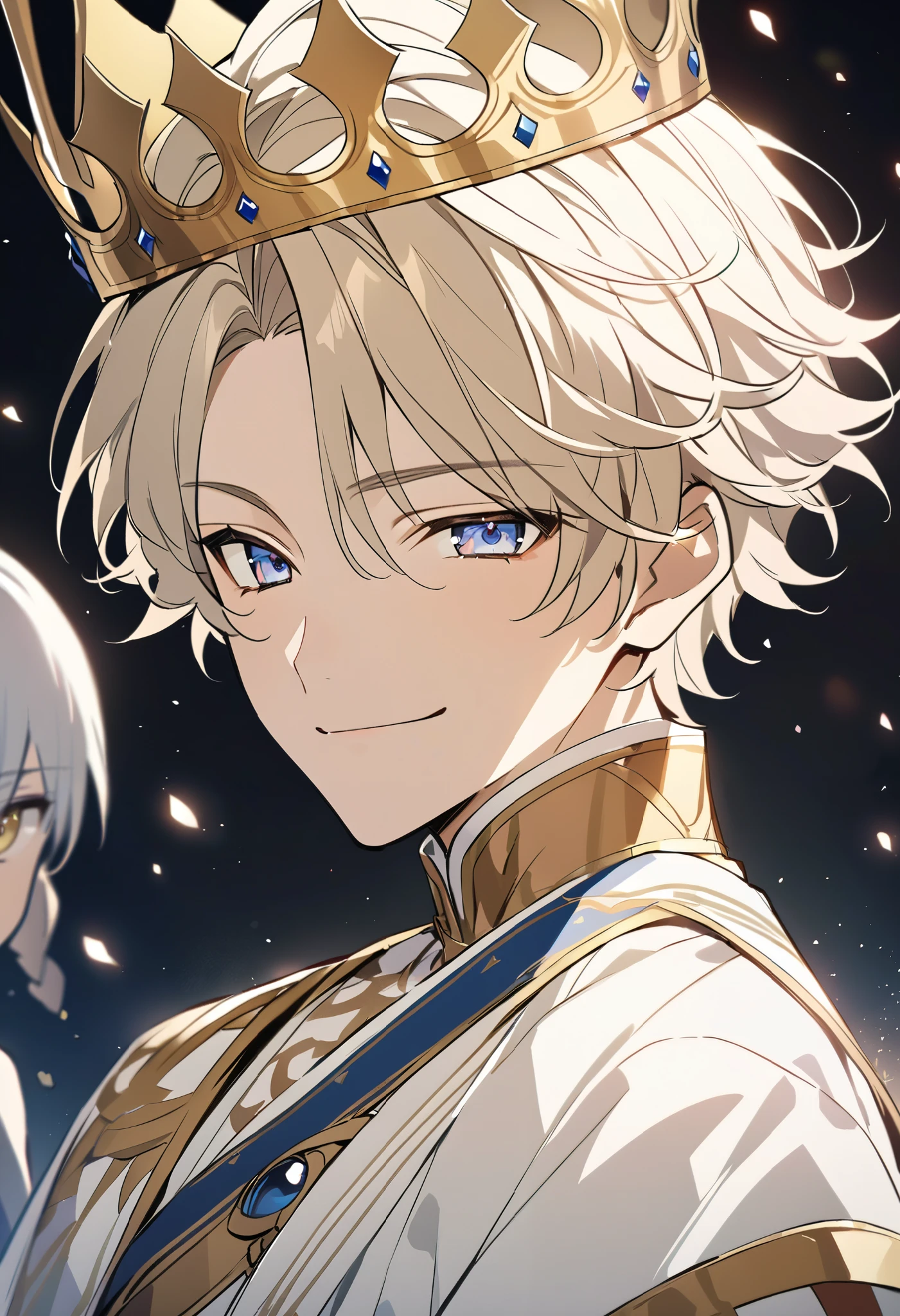 boy、( Masterpiece、 top quality、 top quality、beauty:1.2)、( Good Anatomy :1.5)、 cream golden wave hairstyle with crown,short hair,Smile、 Shining Eyes 、 Cute Clothes ,The one with the crown, anime boy, prince, Pixiv style, Pixiv, illustration, Angelic、 Face Close-up