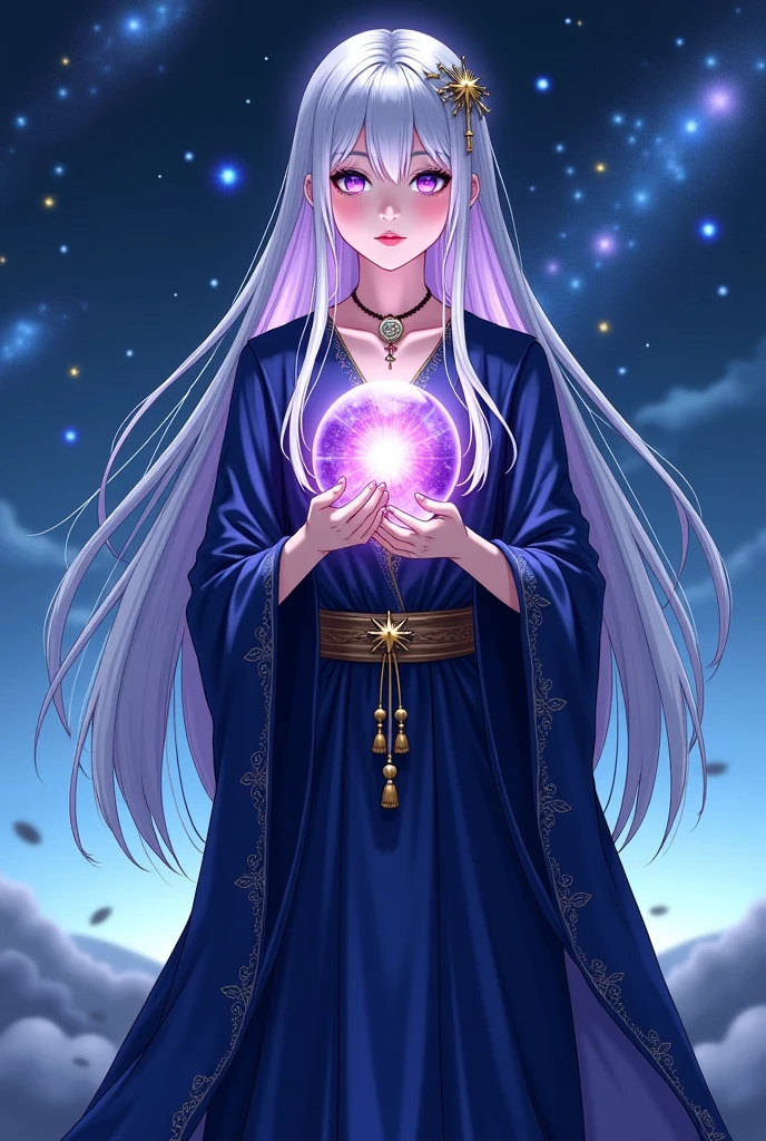 , A 2 young magician with purple hair that flowed down to her waist and captivating gray eyes., He wore a purple robe decorated with lotus flower borders., and her straight hair was always tied back with a white bow. She was known for her skill in magic and for her unique weapon.: an ice arch called Iris, with which he defended his world from the shadows that threatened to invade it. I was 7 months pregnant