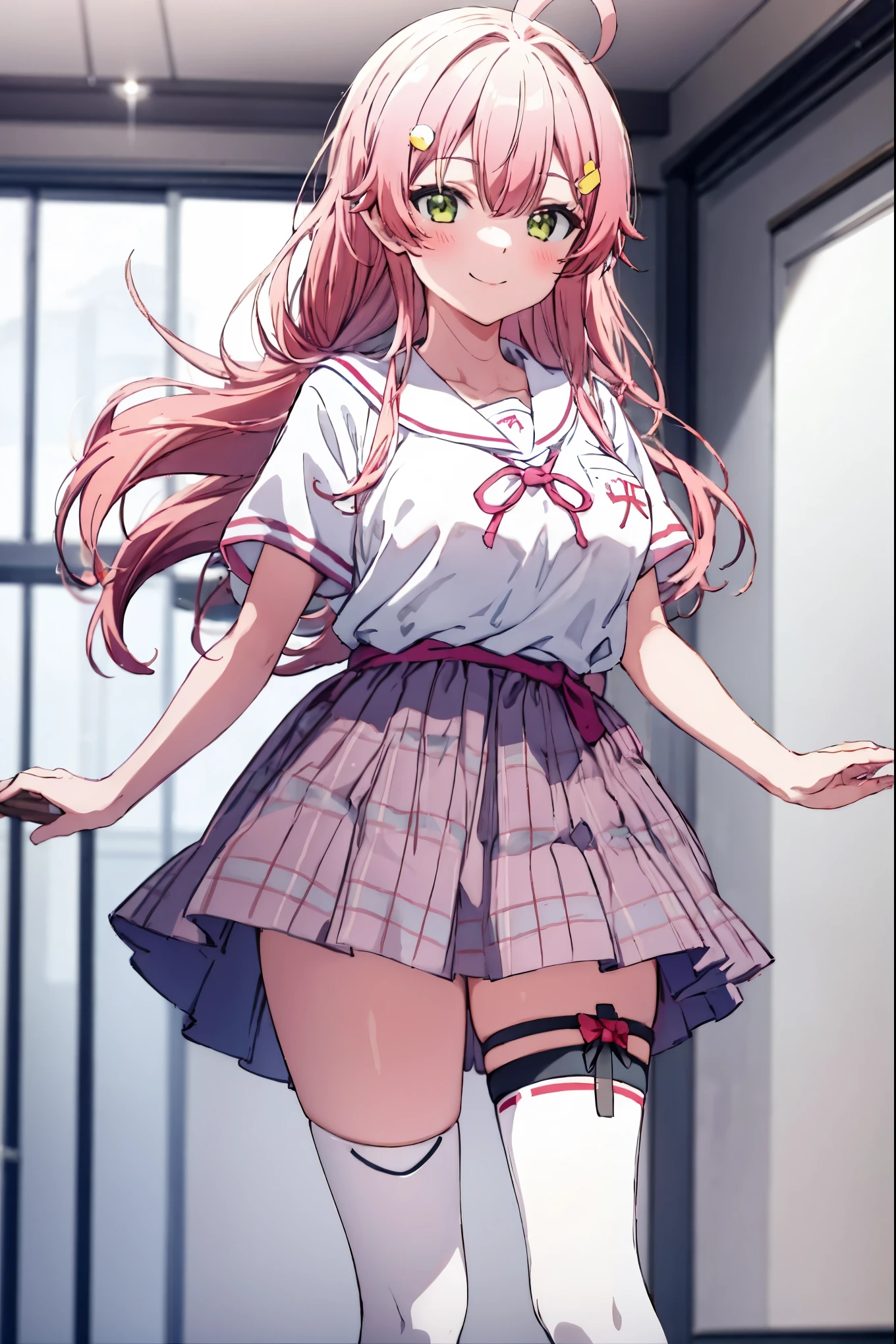 masterpiece, best quality, 1 girl, solo, MikoSchool, ahoge,pink_short_ponytail, hairclip, , white shirt, sailor_collar, pink_skirt, plaid, white_thighhighs, short_sleeves, looking through legs,smile,large_breasts,