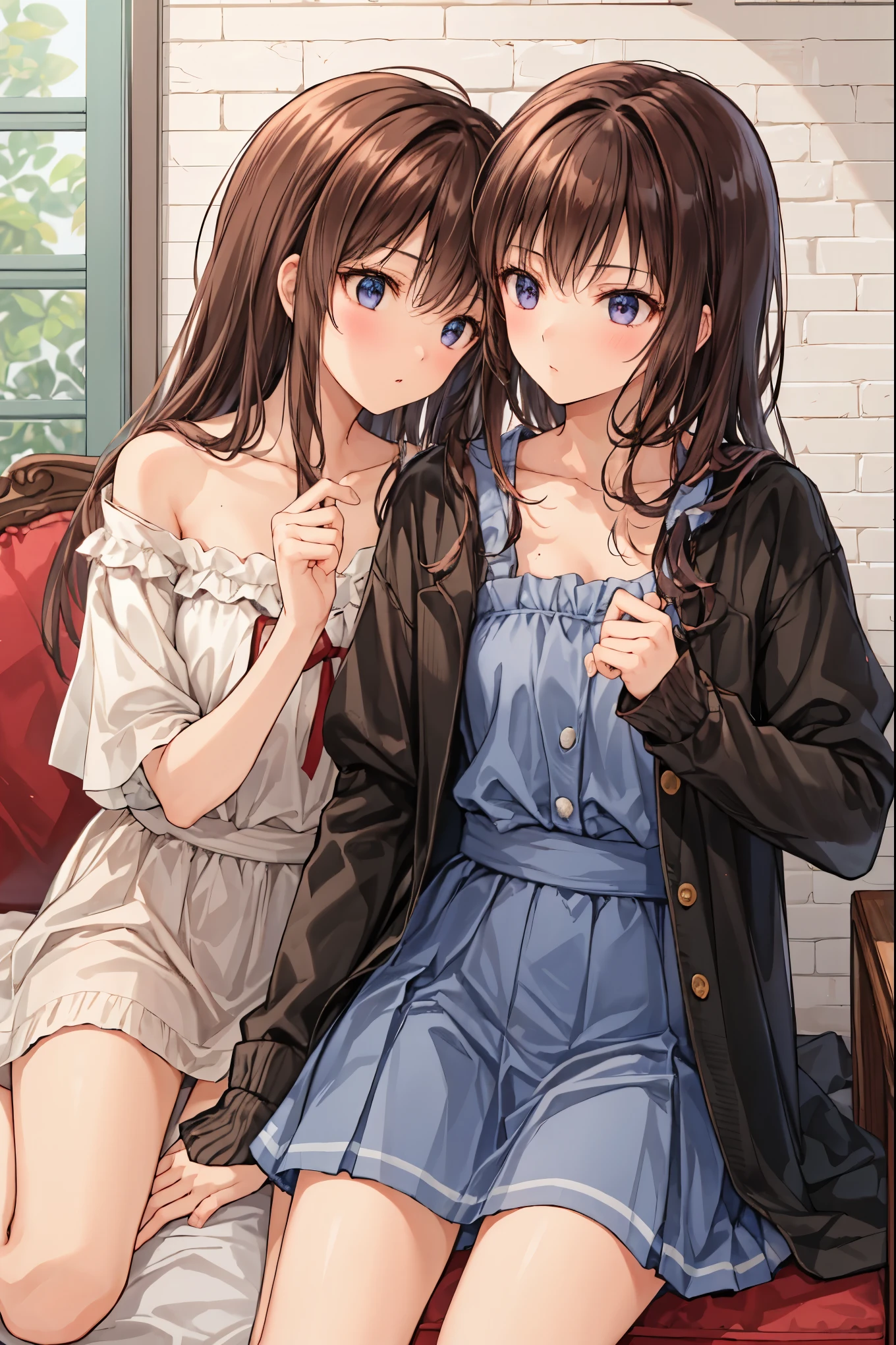 Couple in their 20s、 male1名, woman1名、 maleとwomanの両方のための軽い服装、 Kissing 、Shiny atmosphere、woman(Medium length brown hair ),魅惑的なグレーブルーのeyeは星のように輝いている,close ~ eye、Sweet Sigh、 male( Short Black Hair 、右手をwomanの頬に当てる)tightly close your eye、 With background(room、Sofa)、Late Night、 dark、Anatomically correct limbs、 Girls Are Slightly Skinny 、 shows underwear