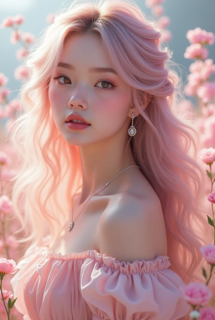 One girl,beautiful flower, Lisianthus ,Pink Background,Pale pink long hair,Delicate face,A dreamy, romantic piece,Fantasy, White off-the-shoulder dress,Pink Long Hair,Brush strokes, Negative Space,Fantasy,Lovely pink eyes,Pale pink,Soft glow,Barbie Princess,Unreal Engine HD,4K Detail Post-Processing