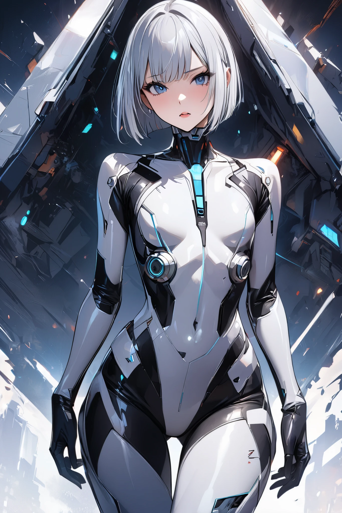 This image shows a beautiful scene in the cyberpunk style,Stunning 8K HDR rendering at the best quality。The figure sits elegantly,She is a mechanical girl,blue eyes,white short hair,Wearing a white cloak,The entire body is composed of precise mechanical joints,White mechanical limbs,Exquisite and delicate,Blood vessels are connected by tubes。She is expressionless,Thin wires and cables in your neck and head。The whole scene exudes a sci-fi atmosphere,Extremely fine details and vibrant colors make it even more vivid。