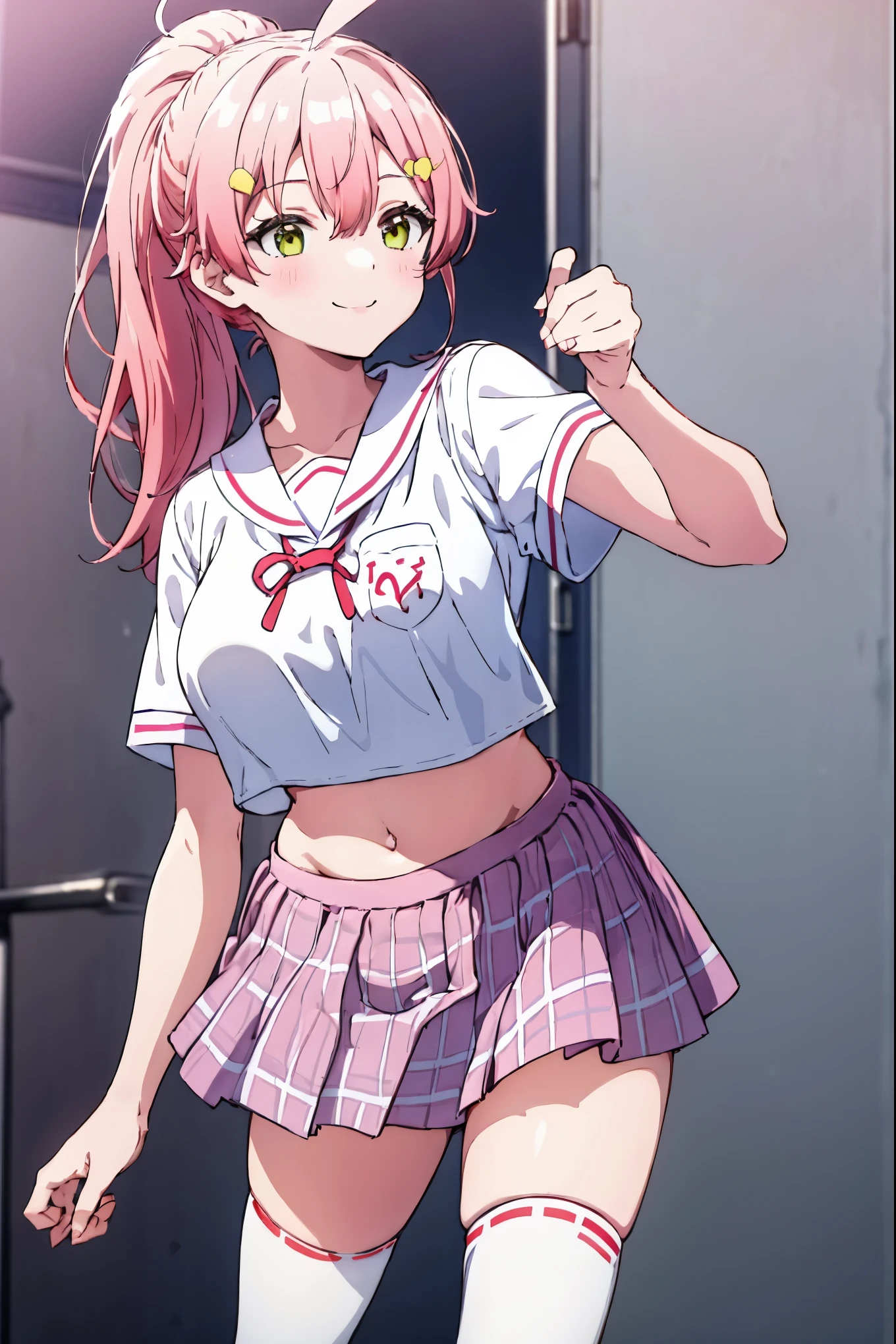 masterpiece, best quality, 1 girl, solo, MikoSchool, ahoge,pink_hair,(short_ponytail:1.3), hairclip, white shirt, sailor_collar, pink_skirt, plaid, white_thighhighs, short_sleeves,  looking through legs,big_smile,large_breasts,midriff,