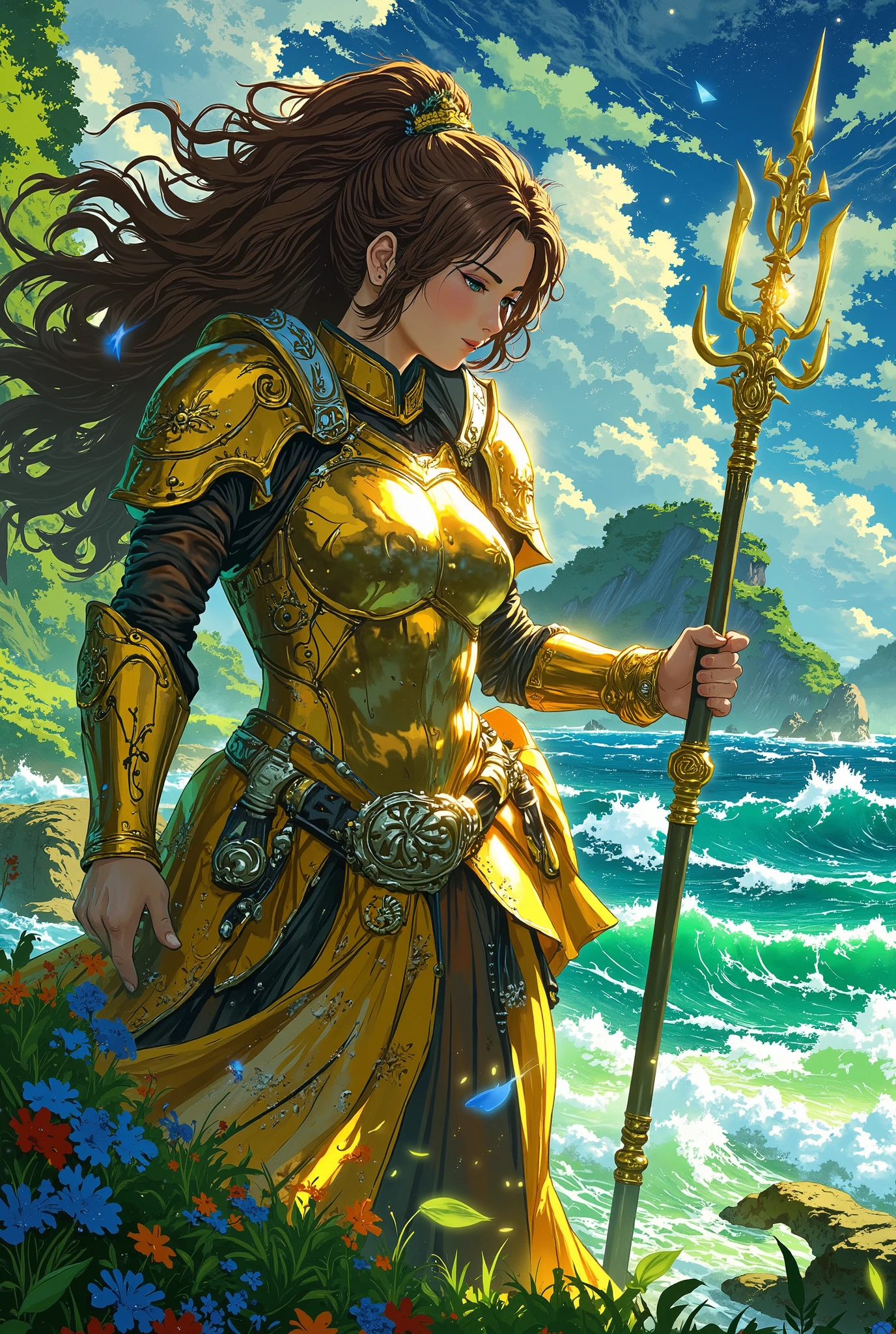 A (((background))) of the (ocean waves) with a (female 1girl) in a ((golden, hyper-detailed armor)) that reflects the (sunlight in the water) with an intricate ((trident) on her back, its design and ornamentation so detailed they seem to glow, set against a (background of a mythical, (enormous) tridant-shaped island) that exudes an air of mystery and adventure, Japanese style art, dynamic angle, masterpiece,