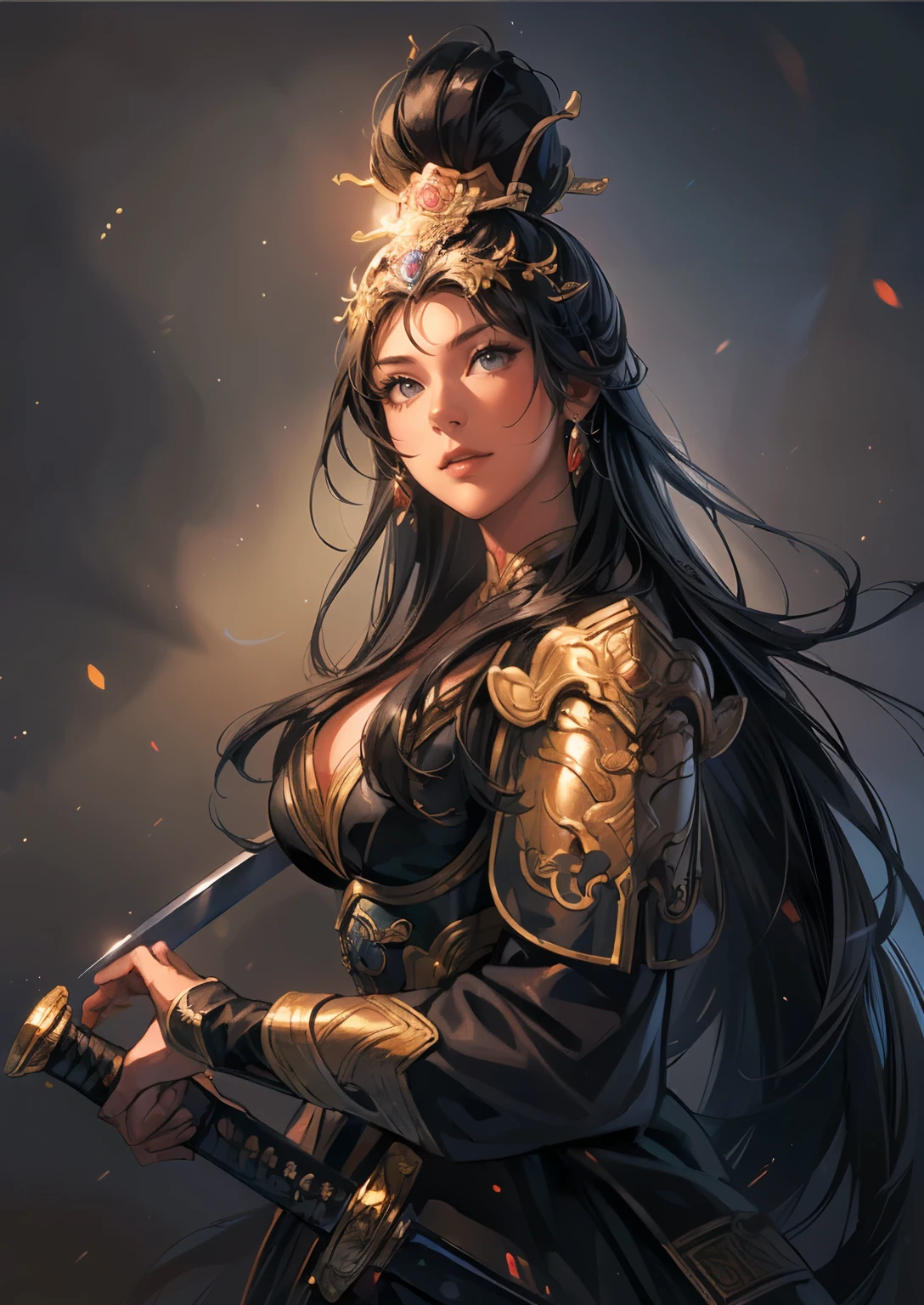 (((Maintain color ))), ((( picture style maintenance ))), (( Koei Three Kingdoms illustration style)), ((Maintain the composition)), san14:1.5 charming girls , perfect face, (( Natural Hands )), (( black hair)), big boobs, visible chest bone , Woman in armor , beautiful sword