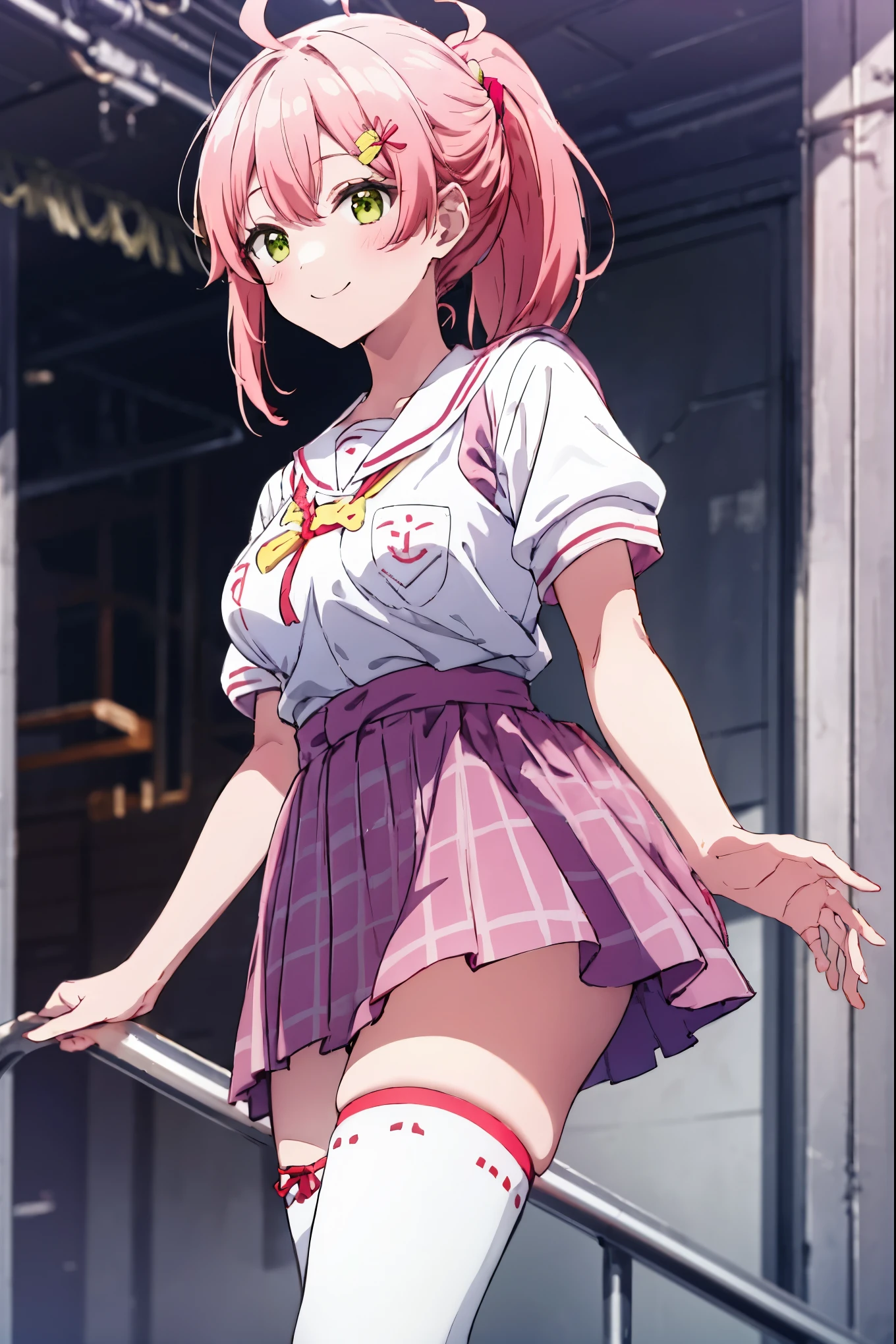 masterpiece, best quality, 1 girl, solo, MikoSchool, sakura_miko,ahoge,pink_hair,(short_ponytail:1.3), hairclip, white shirt, sailor_collar, pink_skirt, plaid, white_thighhighs, short_sleeves, looking through legs,big_smile,large_breasts,midriff,