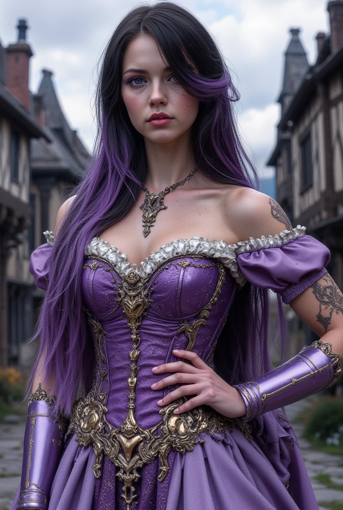 a beautiful enchantress with long chestnut hair, purple streaks and curls, sexy outfit, in a corset, stockings, and an open skirt, full length, holding a whip, ruined castle on a hill in the background
