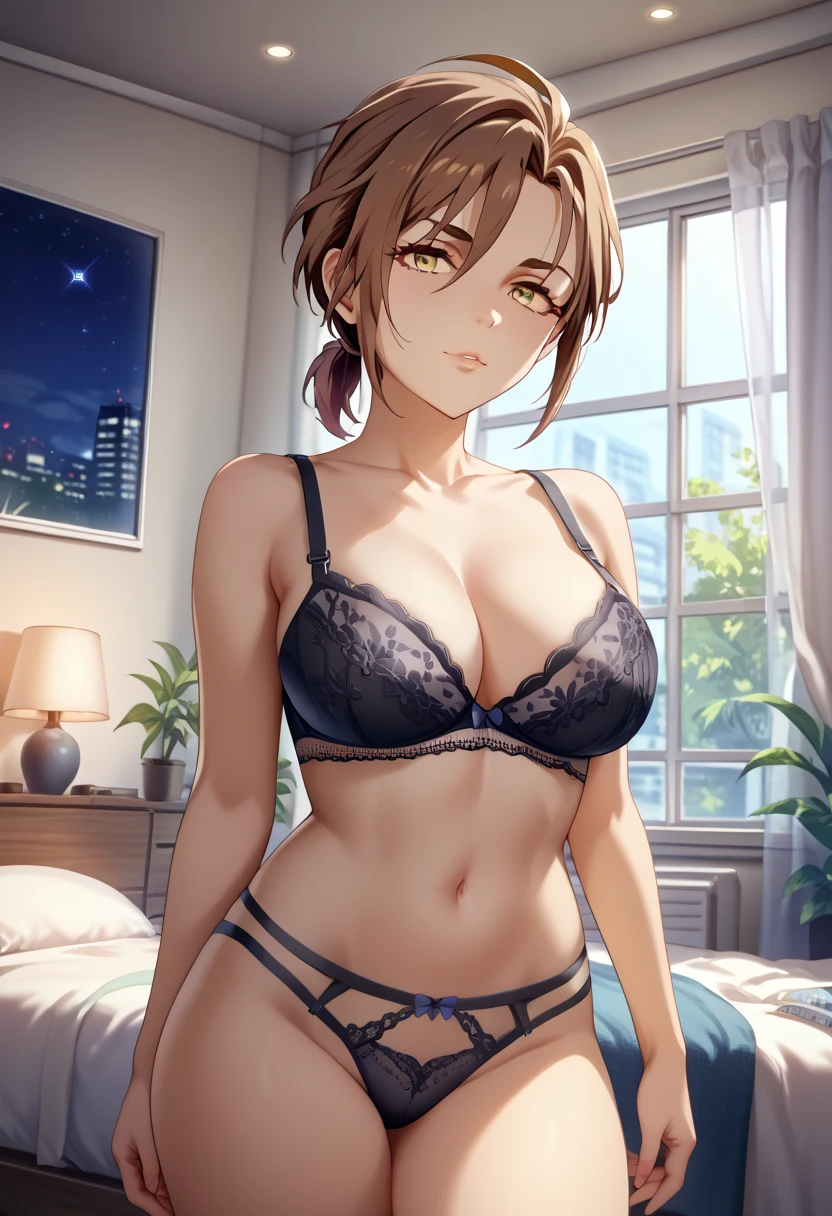 1 Girl,Browsing Caution,(((Machine made choker))),  Kyoko Masaki,(Yu-Gi-Oh),Unsdef,short hair, Brown Hair, hair ornaments, high ponytail, ponytail,Huge breasts, clavicle, Glowing purple eyes,Absurd, brainwashing,Hollow Eyes, ((Expressionless,Emotional erasure)), (Pure white lace bra, Pure white lace panties),avert your eyes ,((cowboy shot)), (Highest quality、4K、8K、High resolution、Must have:1.2)、Very detailed、(reality、reality的なです、reality的な:1.37)、Ticker、Hyper HD、Studio Lighting、Ultra High Definition Paint、Sharp focus、Physically Based Rendering、Extreme Detail、Professional specifications、Vibrancy and color、Blurred、Sports portrait、landscape、Horror Style、Anime Big Tits、sf、photograph、Concept Artist、Five Fingers, Perfect body,  {{{masterpiece}}}, {{{Highest quality}}}, {{Very detailed}}, {shape}, {{Very delicate and beautiful}},Improved cost performance、All Roles、Canon 5D MK4でphotograph、photograph, 