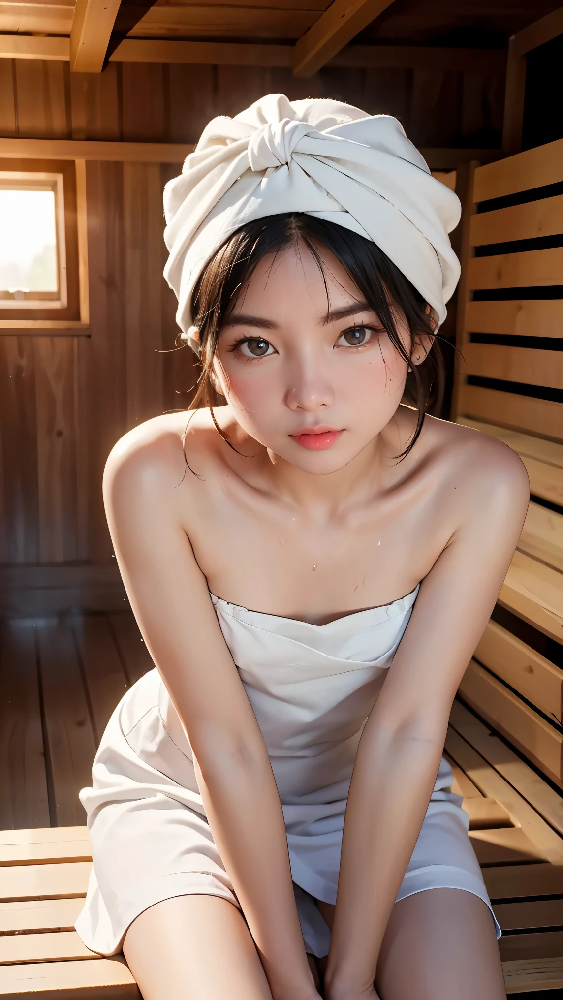 (masterpiece), (top-quality), (off shoulder:1.5), (exposed shoulders:1.5), (roll up small bath towel:1.5), (thin fabric:1.5), (blushed face:1.3), (barechested:1.3), (realistic:1.5), 1 little girl, precise hands, Embarrassed look, Smile, extremely cute girl, baby face, Clear eyes, Shining eyes, small breast, No pubic hair, The beautiful skin, ultra-definition, Top resolution, japan high school student, brown hair, in the Alley