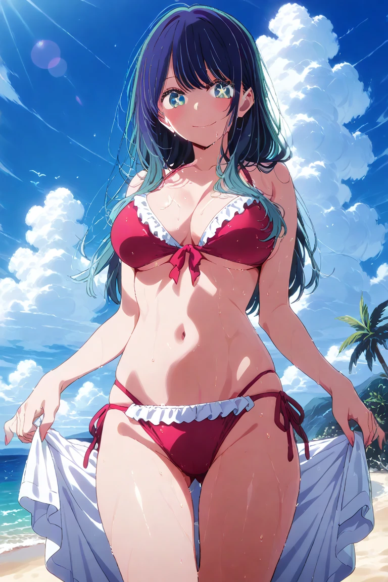 1girl, twintails, purple eyes, long hair, blue hair, navel,(((red bra,red underwear))), from below,on the beach,((looking disgusted)) very angry disappointed
