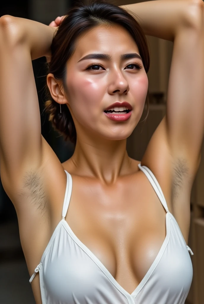 (masterpiece,best quality:1.4),(8k,raw photo,photo realistic:1.2),(detailed skin,detailed face,1girl,Japanese woman 20 years old,very short hair),(mature female),(nipples:1.2),front view, nsfw, (hairy armpits:1.5),(gigantec breasts:1.3),