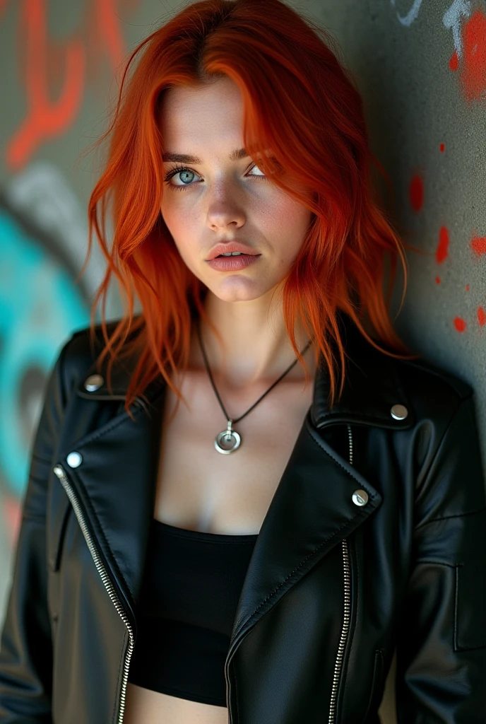 score_9_ up , score_8_ up , score_7_ up , Abstract, 1 girl, alone, Age 21, PERFECT FACE IN DETAILS, Close view ,(adult), sexy,Red Hair, stares at viewers, leather jacket, black crop top, cyberpunk, portrait photo, beautiful cyan eyes, cowboy shot, cyberpunk art, portrait,( background is an abstract graffitied wall:1.3), is written in depth