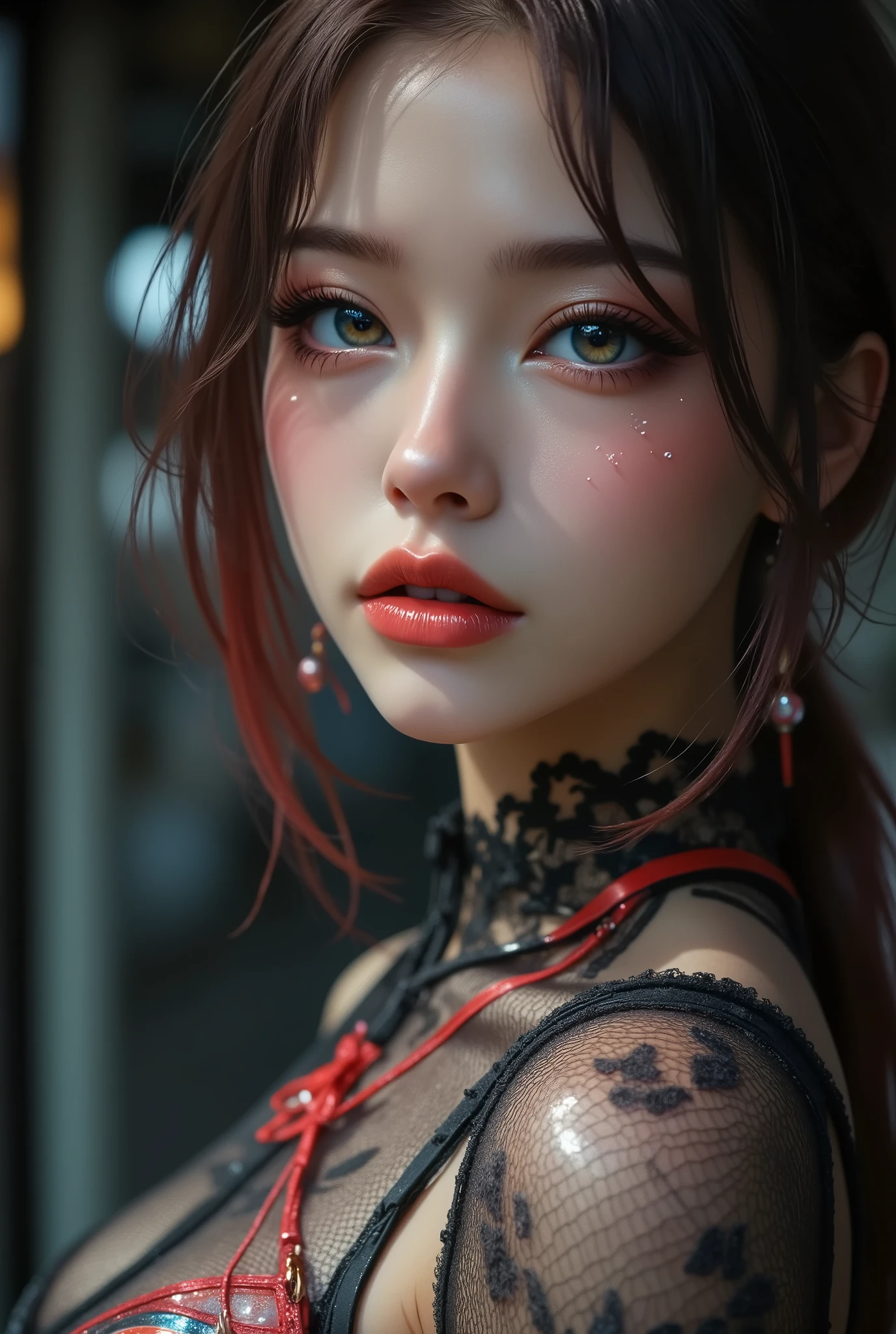 Close-up, (neon, night view, Dutch angle, from above, strapless: 1.3), masterpiece, top quality, raw photo, photorealistic, off-shoulder, red lace dress, red choker, reddish-purple eyes, up, upper body, cleavage, face light, shiny skin, film grain, chromatic aberration, absurdity, high resolution, ultra detail, detail, detailed eyes and face, Sharp pupils, realistic pupils, sharp focus, sweating, wet skin, shyness, red cheeks, embarrassment