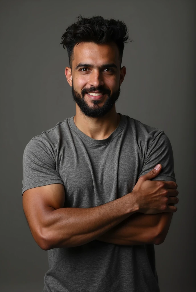 ((long distance shot:1.5)), half body view, brazilian man standing, smiling, light background, wearing