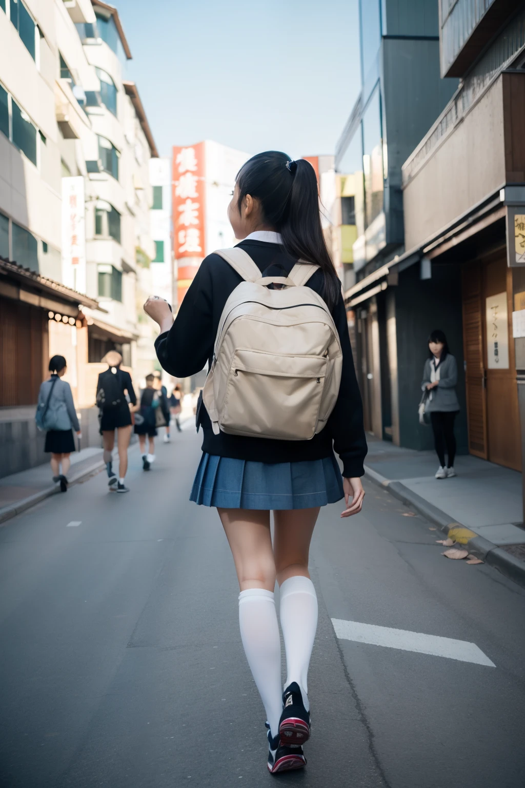Asian woman in arafe in skirt and backpack walks down the street, with a backpack, Seifuku, a hyperrealistic schoolgirl, a hyperrealistic schoolgirl, Japan school uniform, sakimichan, japanese girl school uniform, backpack, wearing japanese school uniform, shikamimi, chiho, School Girl, by Shiba Kōkan