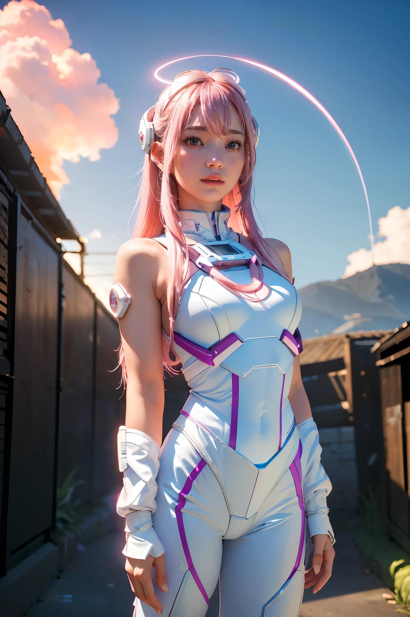 ((masterpiece, best quality, extremely detailed), volumetric lighting, ambient occlusion, colorful, glowing), 1girl, solo, young girl, (pink hair), long hair, halo, aura, sacred, godness, cyber suit, (white outfit:1.3), android, bot, angel wings, outdoors, sunset, sky, clouds, space, (cyberpunk theme:1.2),
