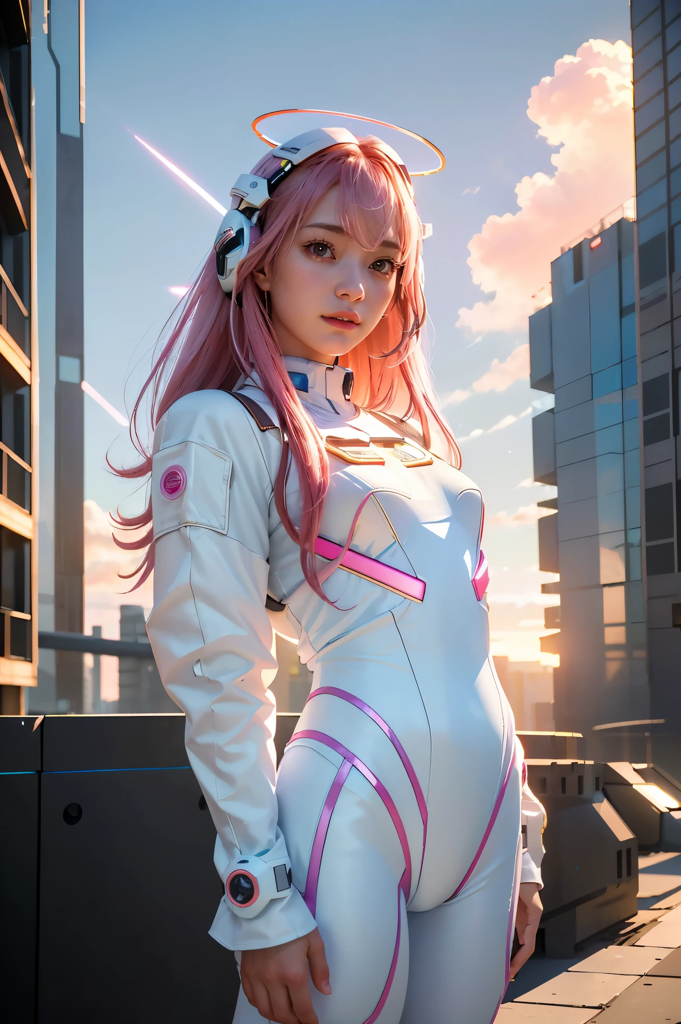 ((masterpiece, best quality, extremely detailed), volumetric lighting, ambient occlusion, colorful, glowing), 1girl, solo, young girl, (pink hair), long hair, halo, aura, sacred, godness, cyber suit, (white outfit:1.3), android, bot, angel wings, outdoors, sunset, sky, clouds, space, (cyberpunk theme:1.2),