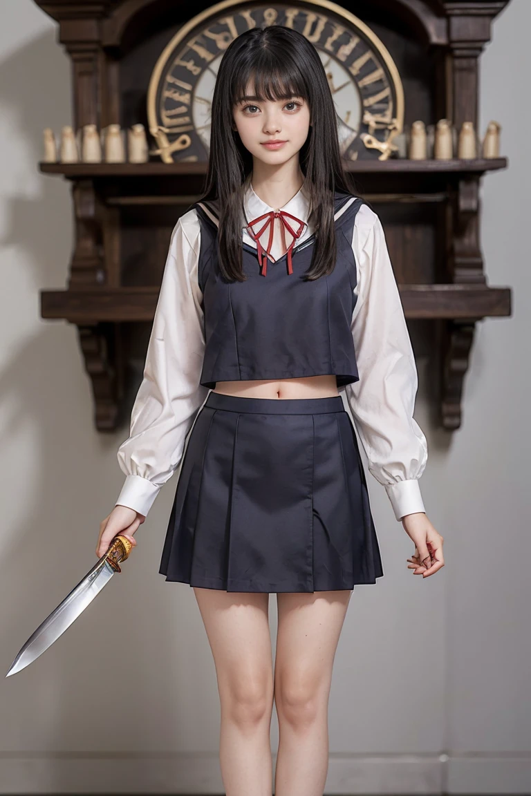 (best qualtiy)Wearing Japanese school clothes, has short black hair, her face is full of blood, she has a beautiful yandere psychopath face, holding a knife in her hand.