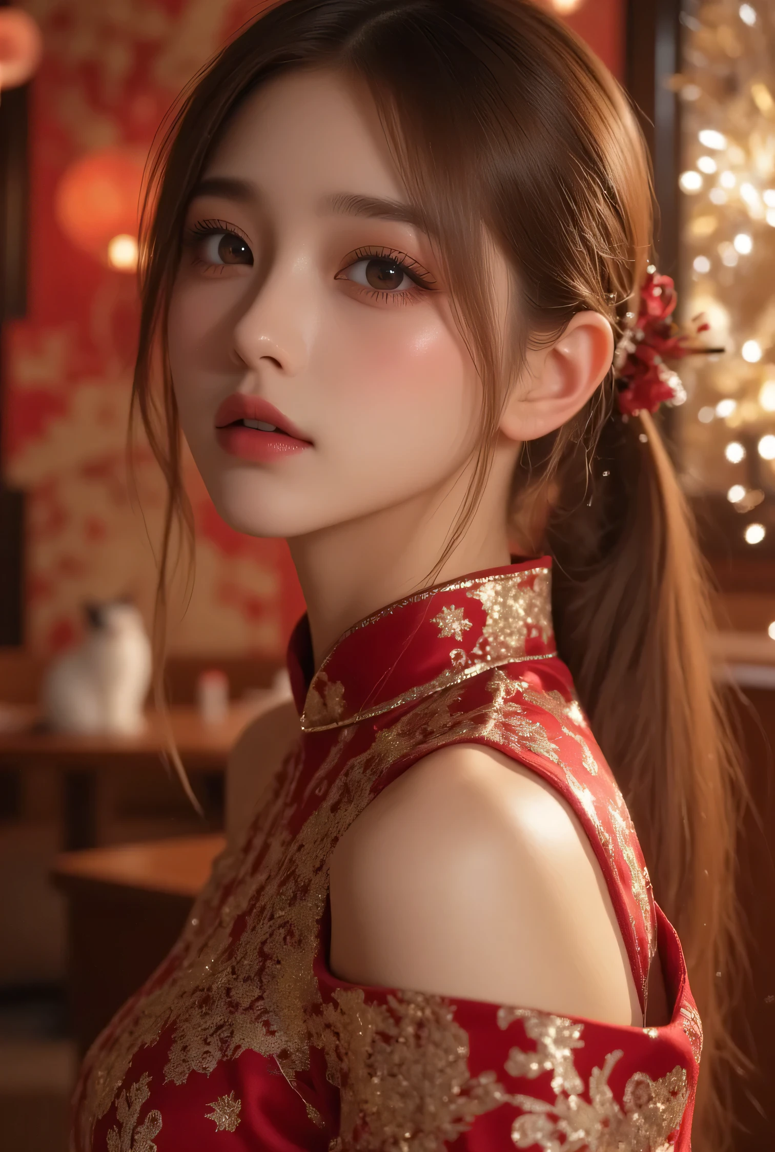 View from up front, Cat ears、 face up, attractive, pretty girl, ponytail、few beautiful lady hair decorations, (( fine facial features , eroticism)), dramatic lighting , realistic , 8k, Dramatic Shadows , intricate and elaborate patterns , super detailed photo , chiaroscuro lighting , Pleasant colors , deep contrast , super real 、 pink lipstick、 warm room、Vintage Fireplace 、 cinematic composition、Close-up of face, pretty half part transparent open shoulder loose outfits dress, tang style, A beautiful Korean idol wearing a one piece red- black tightly cheongsam with phoenix and intricate floral golden embroidery, golden and silver outline on dress, standing gracefully in a room filled with traditional Chinese New Year decorations. The room features vibrant red lanterns, decorative calligraphy scrolls, a small Chinese orange tree with golden ornaments, and several red envelopes scattered across the floor and hanging from the tree. Adorable, playful cats are part of the scene—some sitting near the tree, others curiously pawing at the red envelopes or lounging around. Through a window or an open door in the background, vibrant Chinese fireworks light up the night sky in an array of reds, golds, and blues, casting a magical glow into the room. The idol’s outfit is paired with subtle accessories like red hairpins or earrings, complementing the festive look. The atmosphere is warm and lively, filled with the joyful essence of the celebration, enhanced by the shimmering lights of the fireworks and the lively decor.