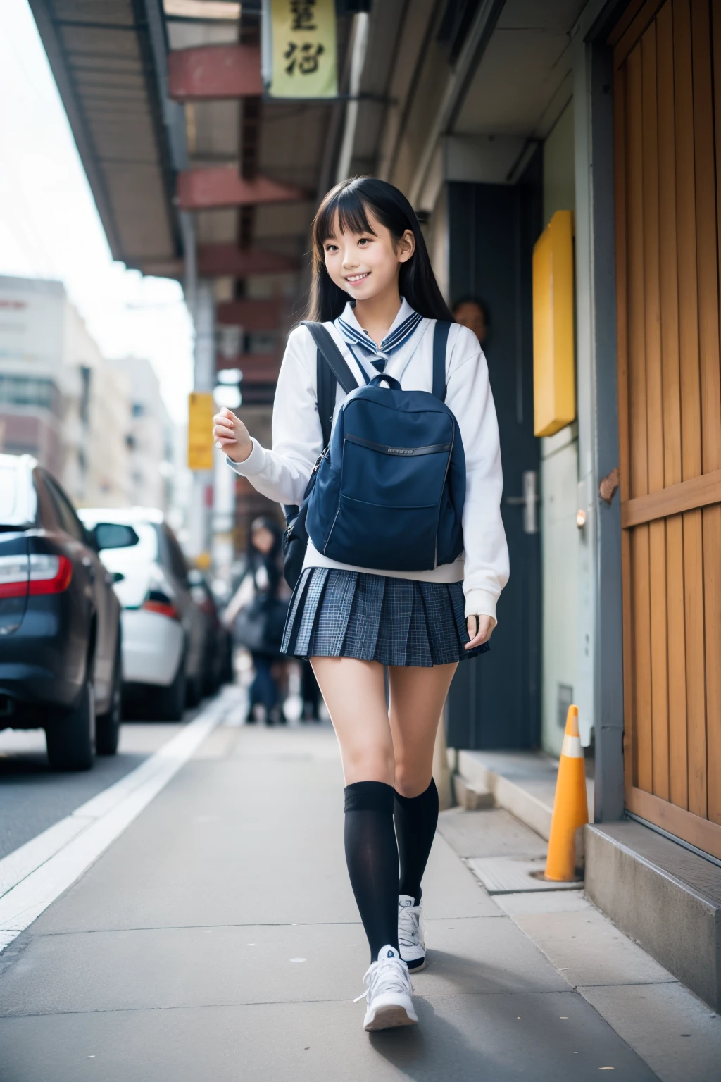 The little girl cocked her ass，Be red in the face， astonishment， （Shiny tights）， camel's paw， Bondonas， Thick thighs， full-body view， （（looking at viewert））， （（dynamic angle））， （（dynamicposes））， （（completo））， Look back， finely detailled， Realistic face， photorealistic eye， Tomoe Elementary School， Flower garden， sky， Pink schoolbag with hanging decorations， Look at the cat， ArtbyNoise， （（（perfectly shaded））， Best shadow， best illuminate，