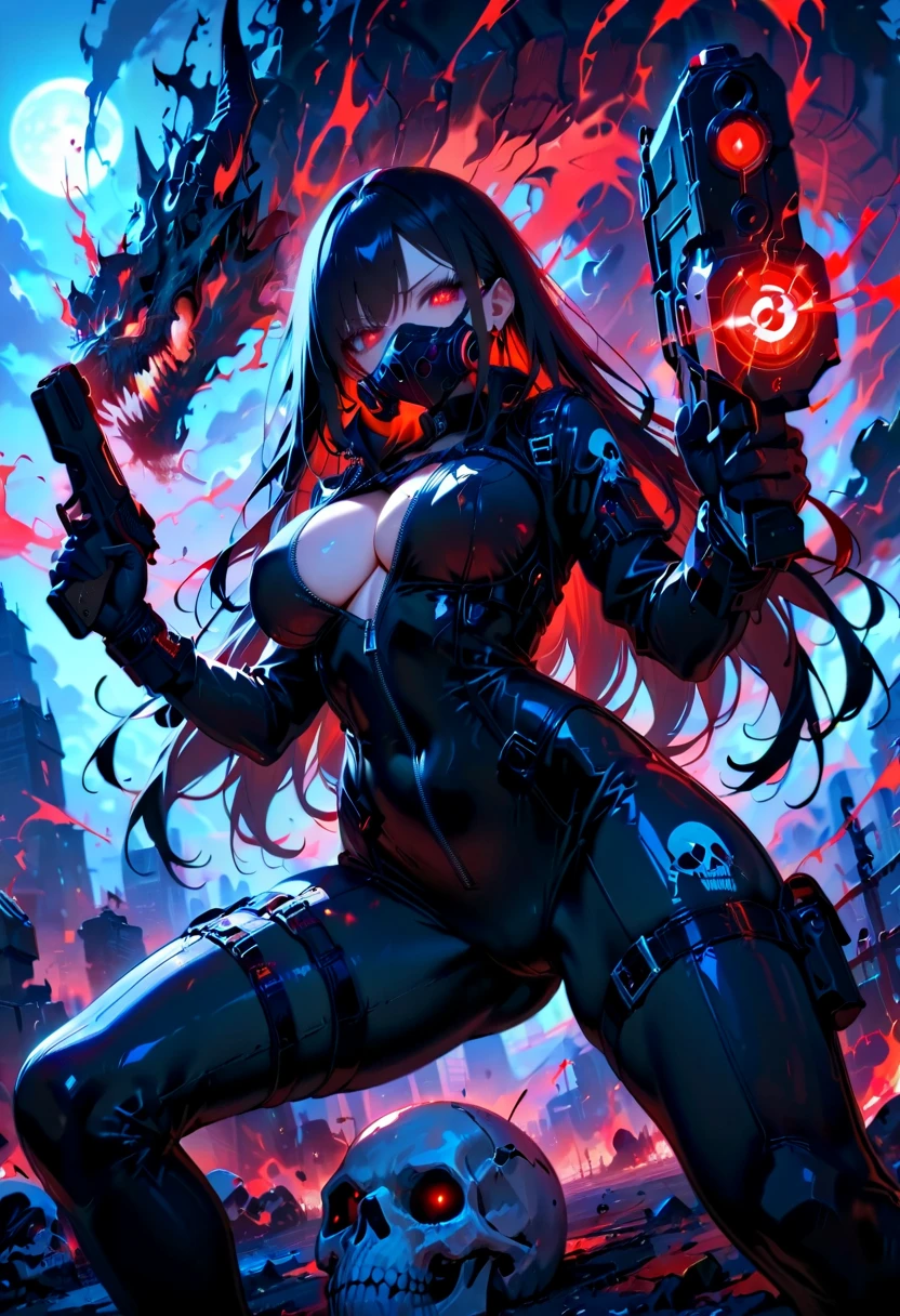 looking down, Beautiful woman with skull tattoos all over the body, black hair, long hair, side lock, Respirator mask, white breath, red eyes, shining eyes, large breasts, cleavage, zipper, bodysuit, handguns, aiming at enemy, darkness, red aura, outdoor, different world, from below, ridiculously masterpiece, cold color, high contrast, absurdres extremely