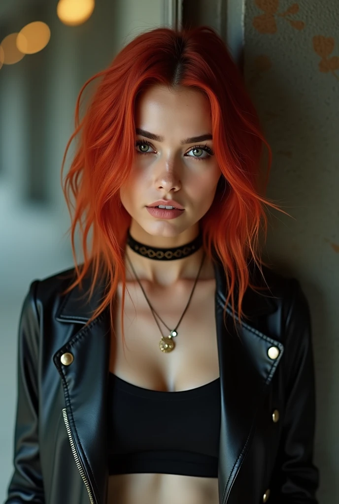 score_9_ up , score_8_ up , score_7_ up , Abstract, 1 girl, alone, Age 21, PERFECT FACE IN DETAILS, Close view ,(adult), sexy,Red Hair, stares at viewers, leather jacket, black crop top, cyberpunk, portrait photo, beautiful cyan eyes, cowboy shot, cyberpunk art, portrait,( background is an abstract graffitied wall:1.3), is written in depth