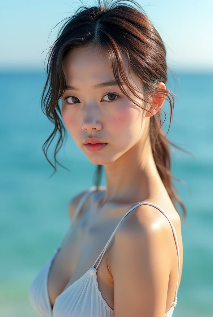 (Masterpiece:1.2)Among the 8K images worthy of being called、One young woman is beautiful(Standing in the sea:1.2)、Her style is meticulously detailed.、The beautiful detailed face has delicately drawn eyes and beautiful detailed double eyelids that shine charmingly、On that large chest(white swimwear:1.2)、(Hair is a beautiful brown color:1.2)It is fluttering in the wind with、
(The 30-year-old adult girlfriend:1.2)、Stand on beautiful white sand beach、
(Upper body only angle:1.2)、Wrapped in a white swimsuit、Viewers are looking down at her from above、She looked at the viewer with kind eyes.、This moment is exactly(top-quality:1.2)It is full of beauty, charm and brilliance、