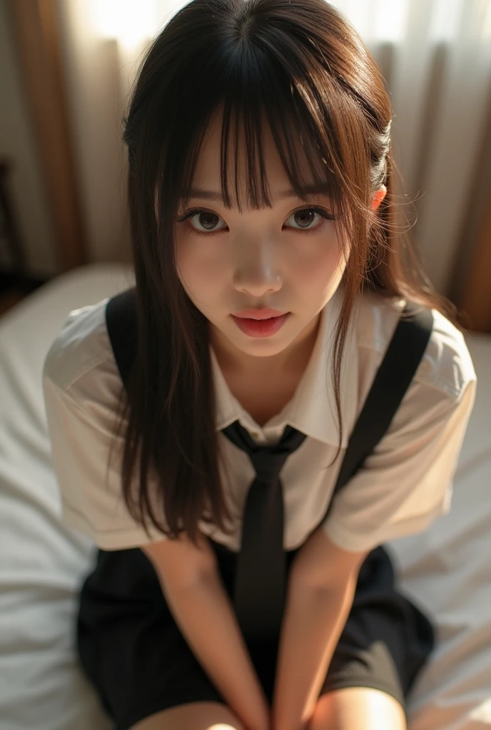 Best quality, masterpiece, ultra high res, (ecstasy:1.0), 1girl, (sobbing:1.1), in bed, DARK hair, dramatic lighting, bitch, nomal breasts, in bed, (high-school uniform:1.2), (lying:1.4) ,(face up:1.2),smile