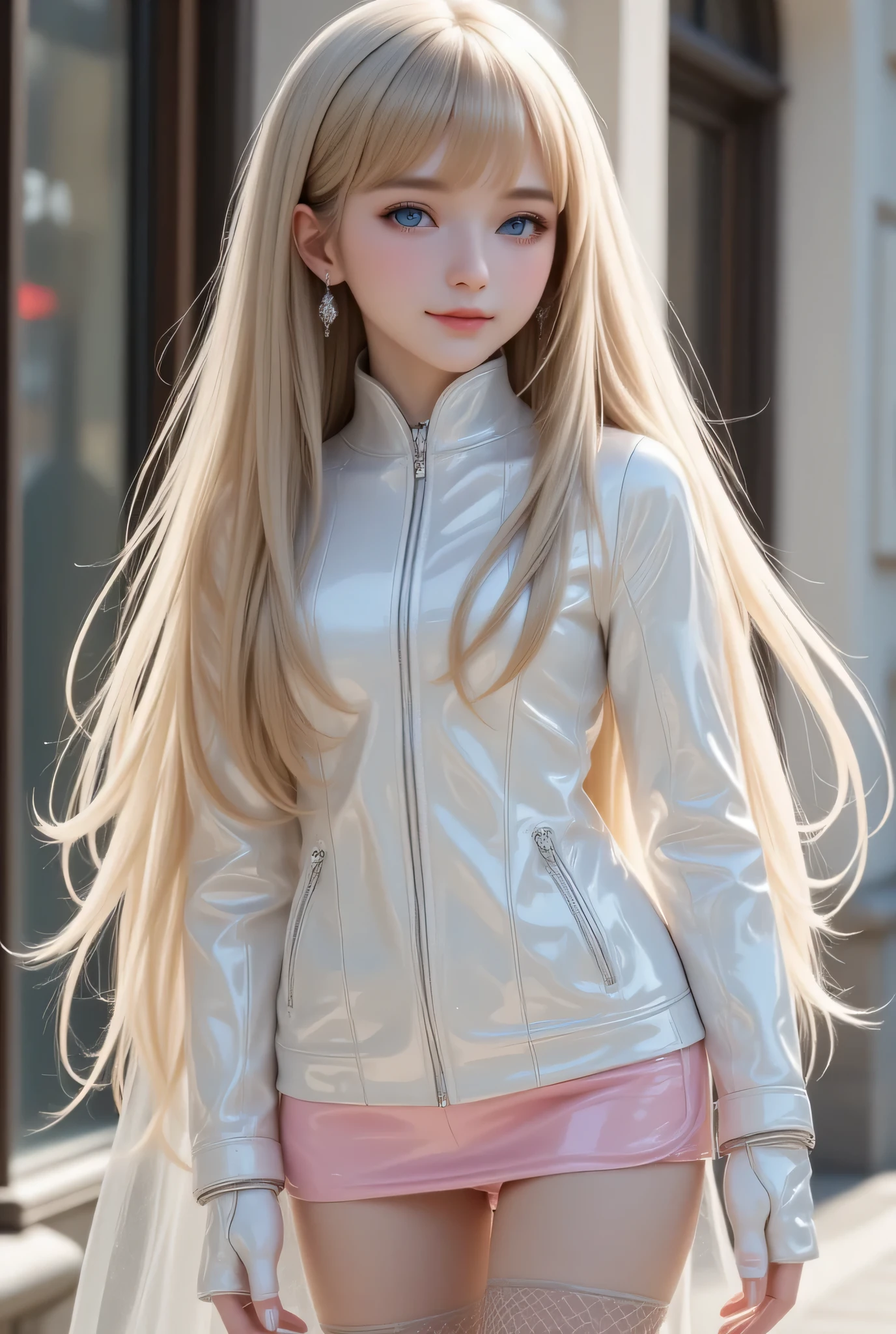 (super cute young face:1),
very beautiful cute french girl,
(thirteen years old:1.4),
(clear blue eyes:1),
exquisite smooth and silky long blonde straight hair,
(happy cheerful smile),
professional photograph ,
(lower body Super Shiny metallic pink tight mini skirt:1.2), (upper body Super shiny white fashionable winter outerwear:1.2) narrow waist,in the street,(costume with very smooth and mirror-like strong reflective surfaces:1.1),(large fishnets pantyhorse)
(very thin makeup),
(full body shot:1.3)