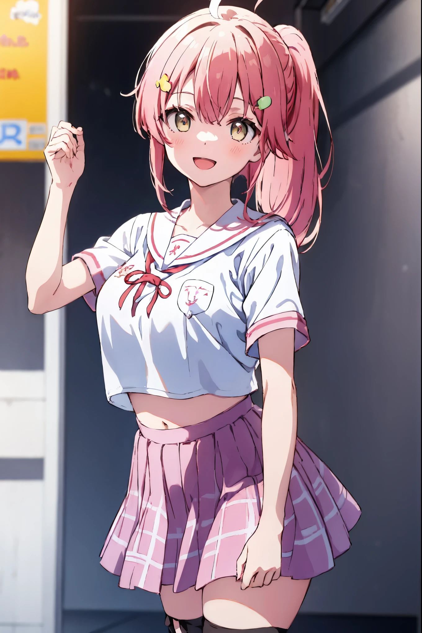 masterpiece, best quality, 1 girl, solo, MikoSchool,ahoge,pink_hair,(short_ponytail:1.3), hairclip, white shirt, sailor_collar, pink_skirt, plaid, white_thighhighs, short_sleeves,  looking through legs,big_smile,large_breasts,midriff,happy, excited,open_mouth,large_droopy_eyes