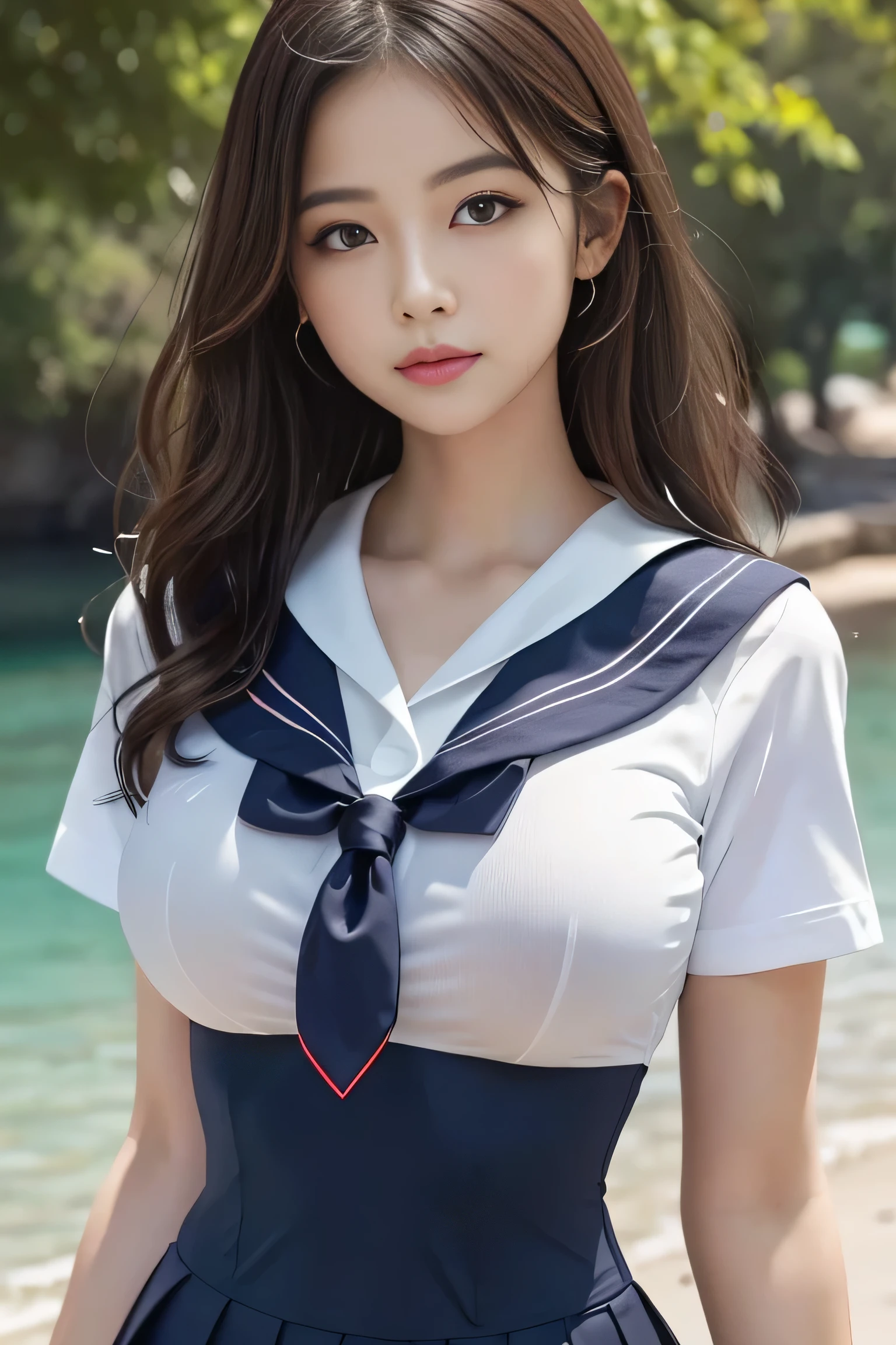 (Sailor suit:1.3), Tight fitting short sleeves, Breasts accentuates, Breasts is in the frame, Tight fitting short skirt, (Looking at the viewer:1.3), Outdoors, Daytime, Sunshine,
8Kquality, (High Resolution:1.1), (Realistic photo:1.2), (Raw photo:1.1), Extremely detailed photo, Body that is depicted in ultra detail, Absolute masterpiece,
Big and round beautiful breasts, (Lip make-up), Wavy hair, Ultra beautiful girl