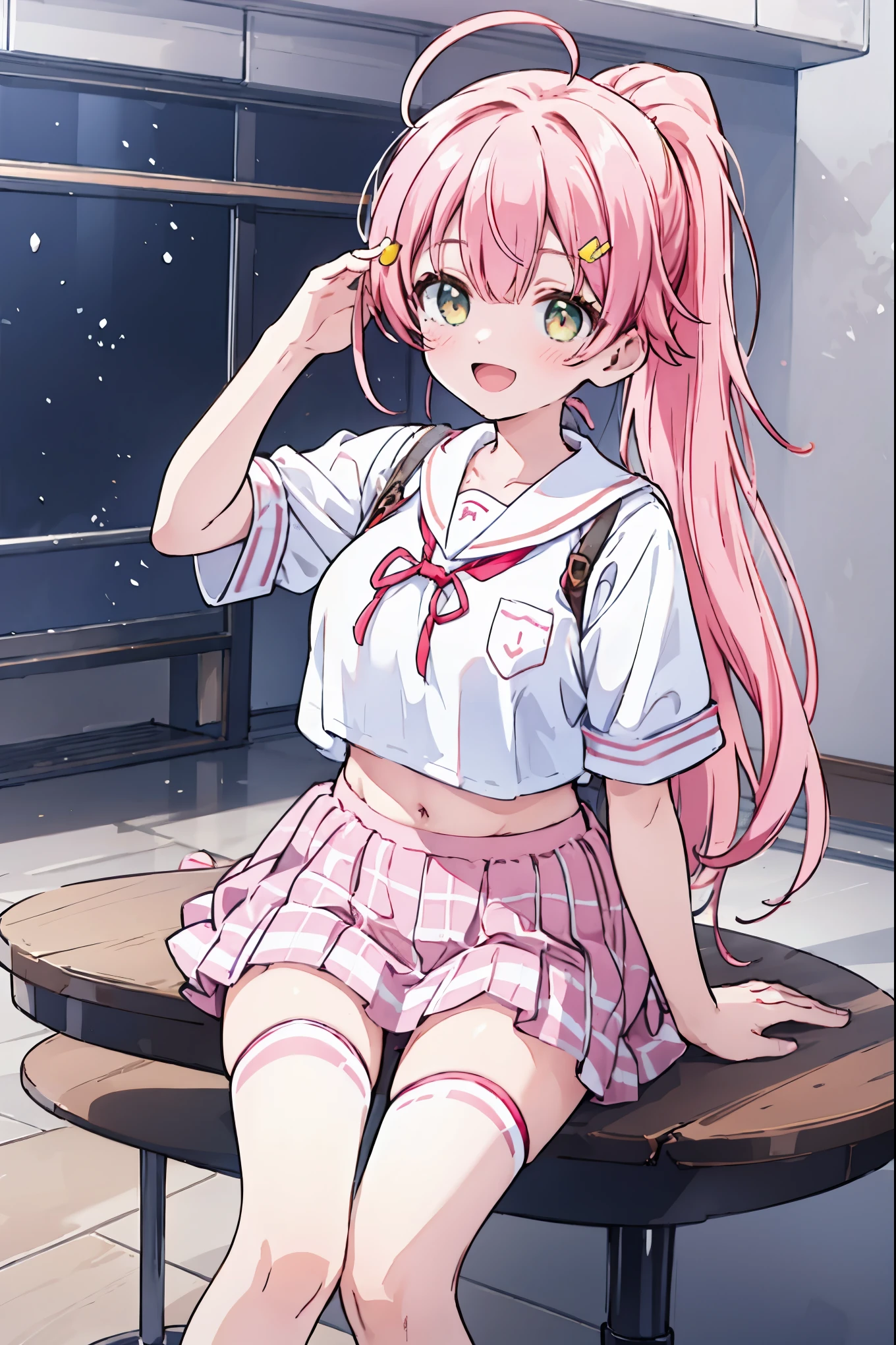 masterpiece, best quality, 1 girl, solo, MikoSchool,ahoge,pink_hair,(short_ponytail:1.3), hairclip, white shirt, sailor_collar, pink_skirt, plaid, white_thighhighs, short_sleeves, looking through legs,big_smile,large_breasts,midriff,happy, excited,open_mouth,large_droopy_eyes