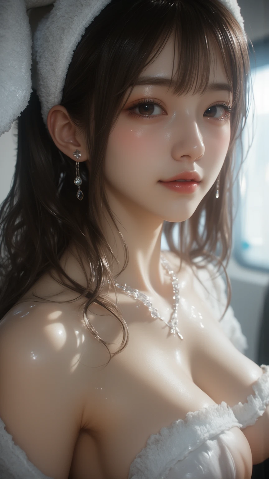(highest quality), masterpiece, 极其细致的CG8K插painting, high collar, Extremely high collar saturation, All colors become darker, painting, graffiti art, center composition, Highly detailed light and shadow, The face and eyes are very detailed.、((The whole body is wet:1.4, White Sukusui:1.5, big breasts:1.4))、((sexy pose:1.2)), slender body shape:1.1、Gorgeous white skin、(black hair:1.3)、(Completely naked:1.6)、super detailed face、lip details、detailed eye、double eyelid、bright, big, Beautiful eyes that shine like jewels、wide shot, 1 girl, Beautiful and cute 16 year old beautiful girl、beautiful bangs、very beautiful face、Expression of being in heat、eyebrows behind bangs、(((Completely naked)))、textured white skin,