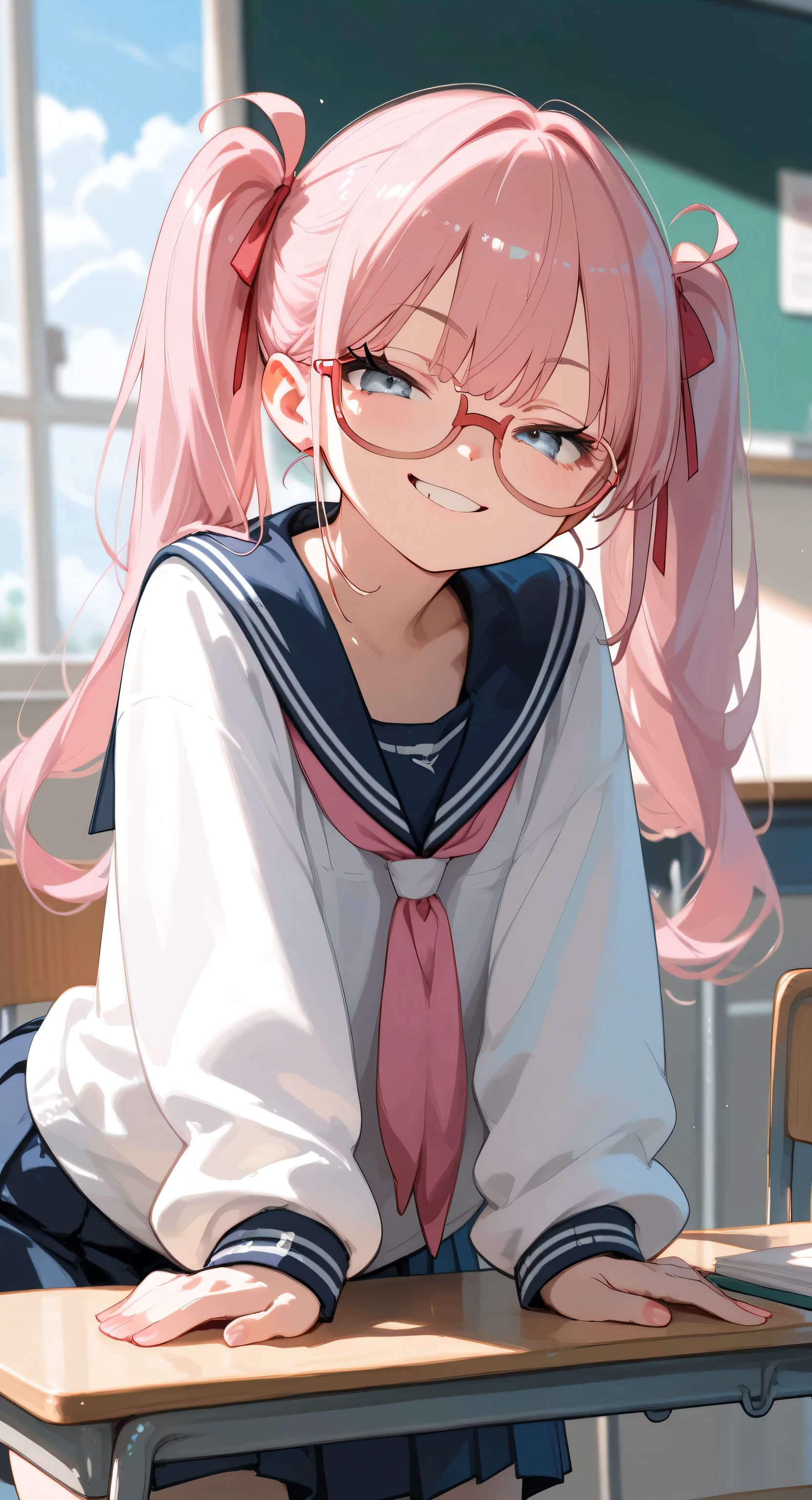 Anime girl with pink hair sitting at a desk in a classroom - SeaArt AI