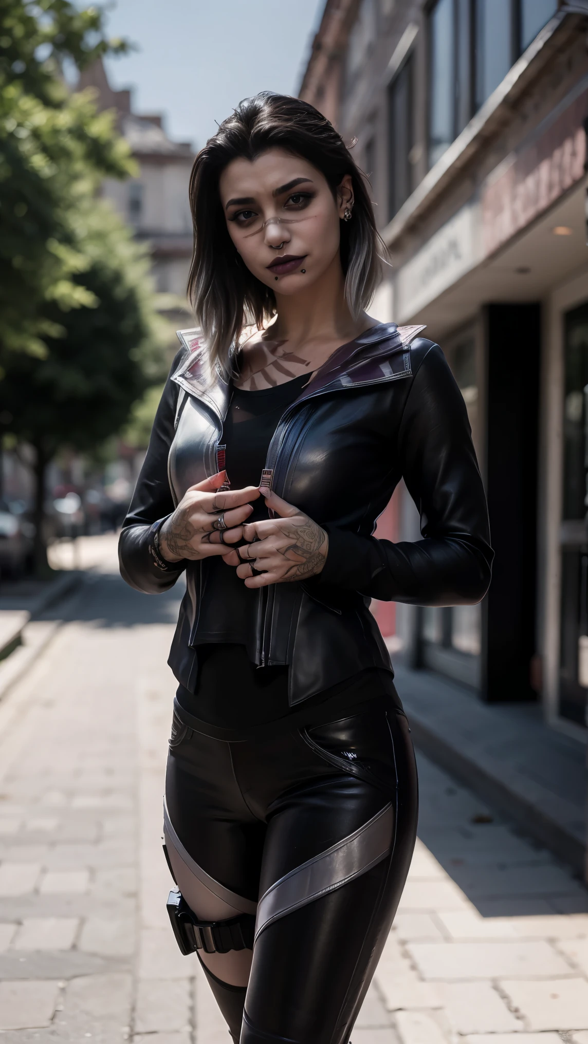 (masterpiece), best quality, HD, expressive eyes, perfect face, Turkish girl, smoked eyes, makeup, 1girl, cowboy shot, undercut black hair, heterochromia eyes,(high quality eyes), nasal scar, undercut bangs, scars, creepy, scars on face, outdoors, looking at viewer, black croptop, sporty, collarbone, leather leggings, valorant, lambskin jacket clothing, shoes, full body, seducing poses, (((sadness look))) sporty clothing, chin piercings, Gothic punk nose piercings, smiling, ear piercings eyes, Edessa background, cowboy shot, black shirt, close view, smiling warmly, henna hand, holding camera, photographer, being photograph