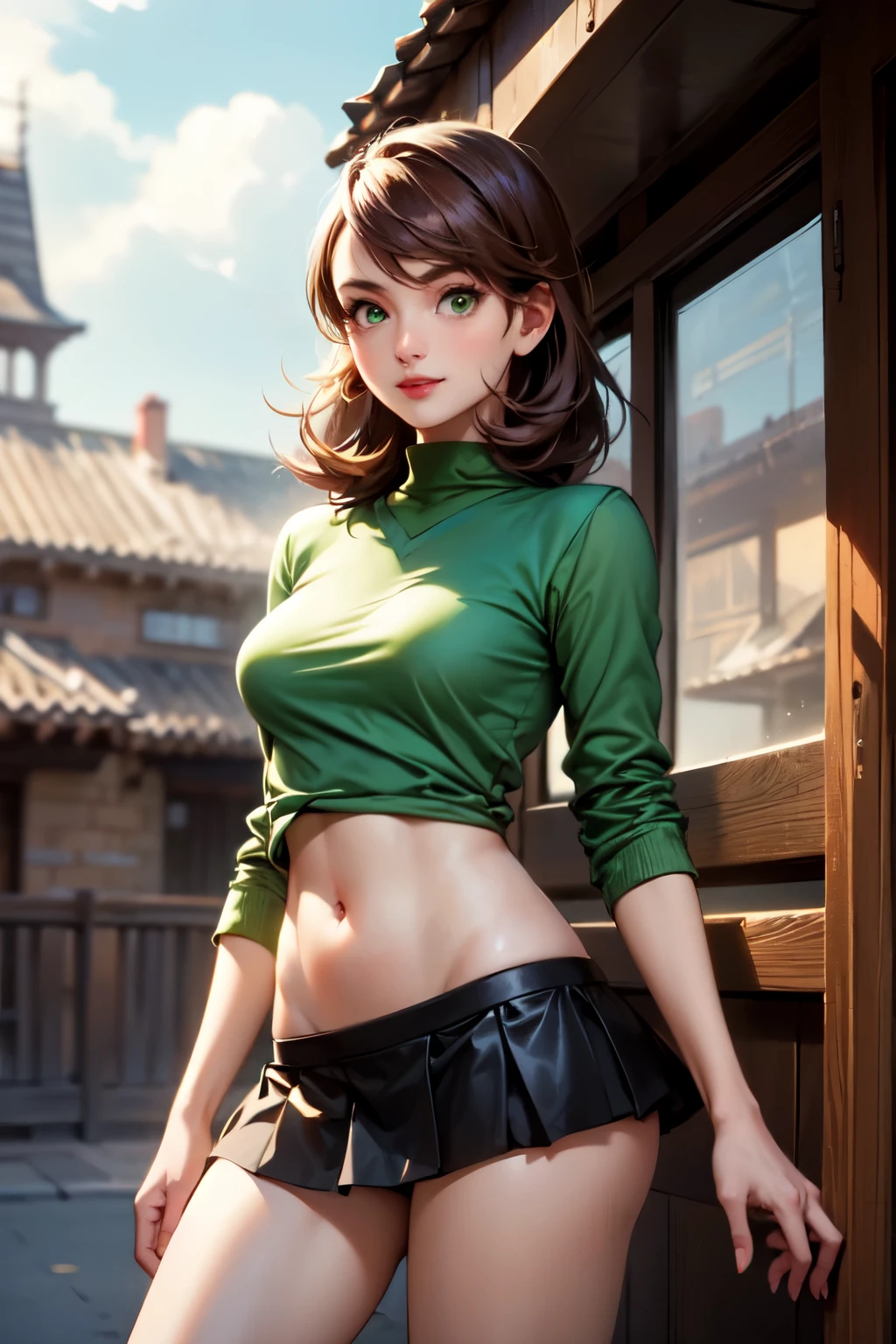 baby face, (short brown fluorescence hair:1.5,ponytail hair:1.5), (photorealistic:1.8), (masterpiece, sidelights, exquisite beautiful eyes: 1.5), masterpiece*portrait, realistic, 3D face,(cute face),front view: 1.6、 (glowing green eyes:1.2),plump face:1.5,(tareme:1.5)、(seductive smile:1.2),Rosy Mouth,Slim Body,abs, shiny hair, visible belly, shiny skin: 1.5、medium breasts,cleavage、solo,,(stand)、(black tank-top and red skirt)、(charactor focus:1.5、portlate、upper body),stage,