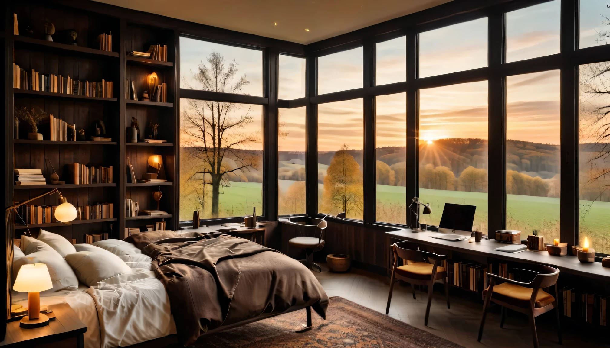 a double-height bedroom with floor-to-ceiling windows. Outside is a rural landscape. bedroom with bookshelves, work desk. The colour palette of the room consists of dark brown and warm tones, with soft lighting from various lamps adding to the cosy atmosphere.