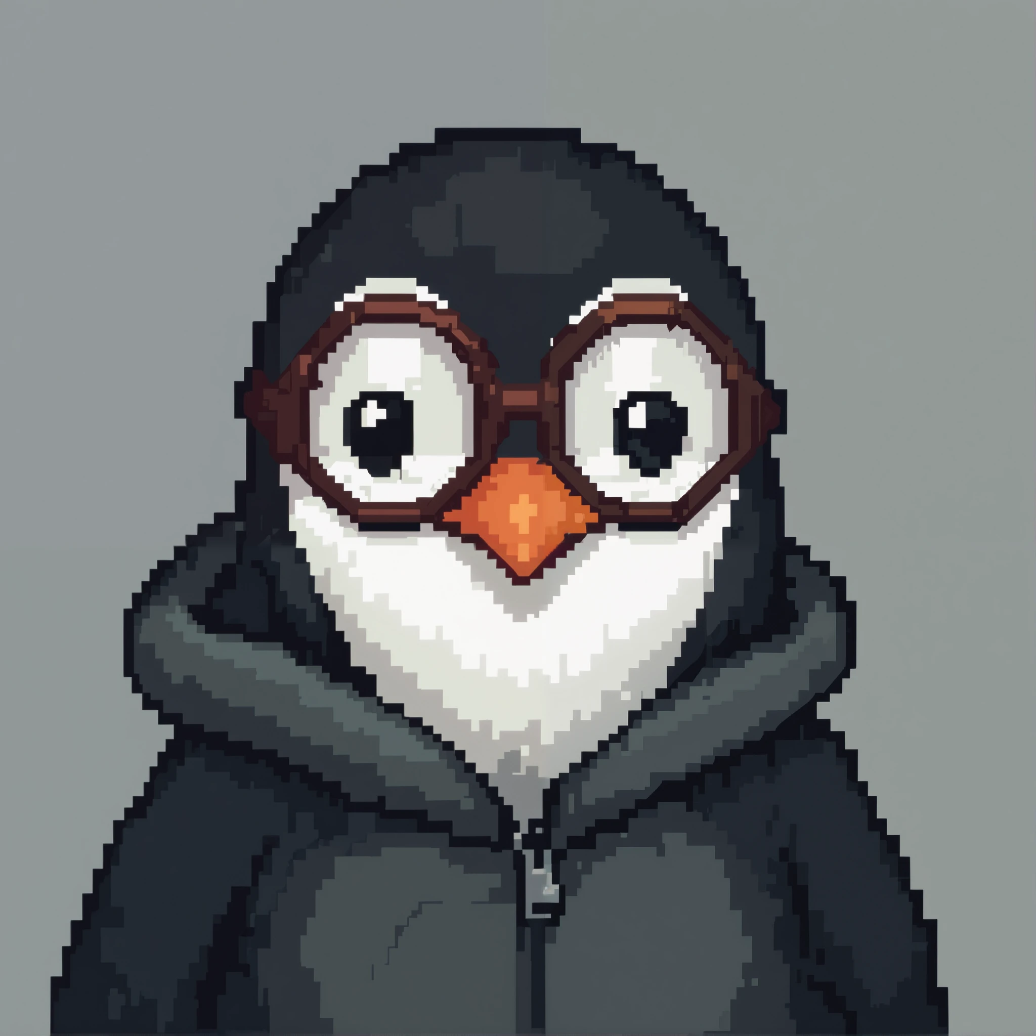 penguin, both hands in the air, happy, pixel art