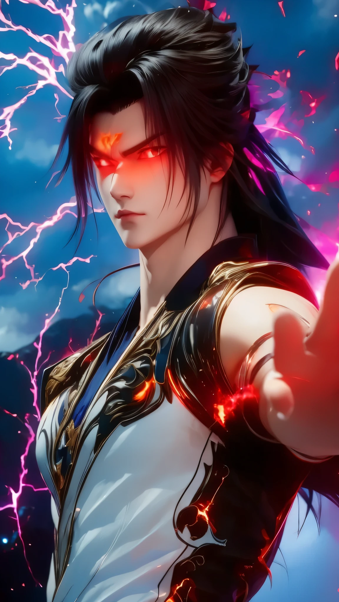 epic anime style, purple lightning, evil temperament, 20-year-old male shadow assassin, glowing black aura, shadow supervisor, handsome face, brilliant and majestic. Beautiful standard body and complete body structure. full body shot of a man with lightning in his hand, an epic anime about a purple energy man, in a battle stance with dark hair and glowing eyes looking at the viewer. Cool Gapmoe Yandere, menacing look, gintama's Hijikata Toushirou, inspired by Masanobu Okumura, the originator of the anime art style, Nobutaka Ike, the night war rages behind him. Highest image quality 8K, details everything 8K