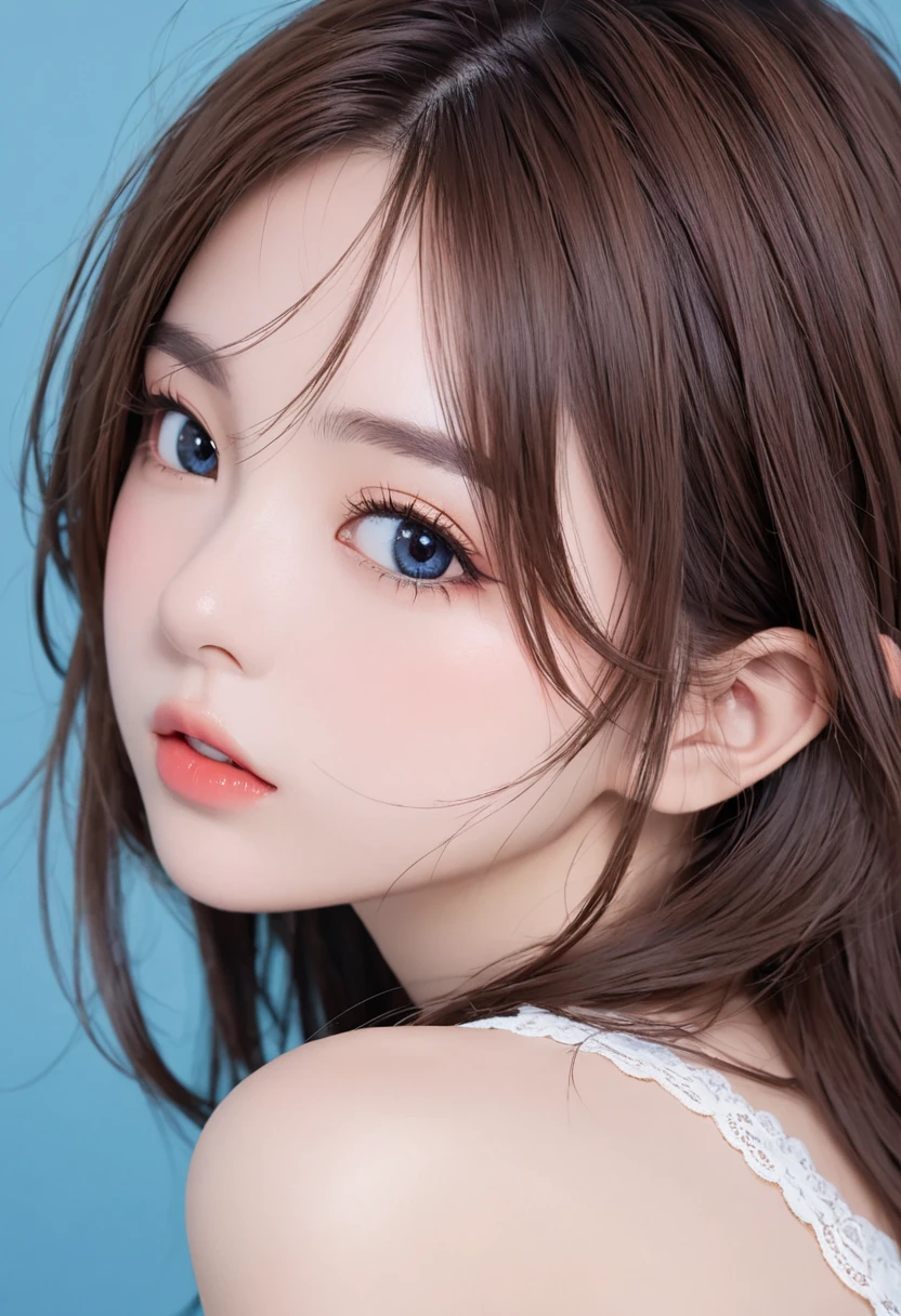leogirl ,cute 1 Girl,long messy brunette, bite your lips,Tempting forward, delicate skin, delicate face,True,Trueistic,1 Girl,White hair, blue background , upper body,