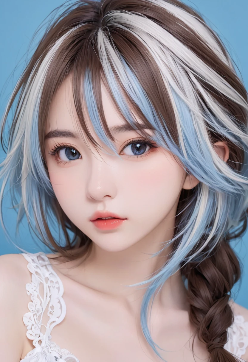 Minya Johnson, Mini Yaemori, Long hair, Bangs, Black hair, (Blue hair:1.4), multicolored hair, Blunt bangs, striated hair, Ahoge,
BREAK shirt, White shirt, Short sleeves,A smile、japanes、a picture,A smile、cute little,15 yo,A smile