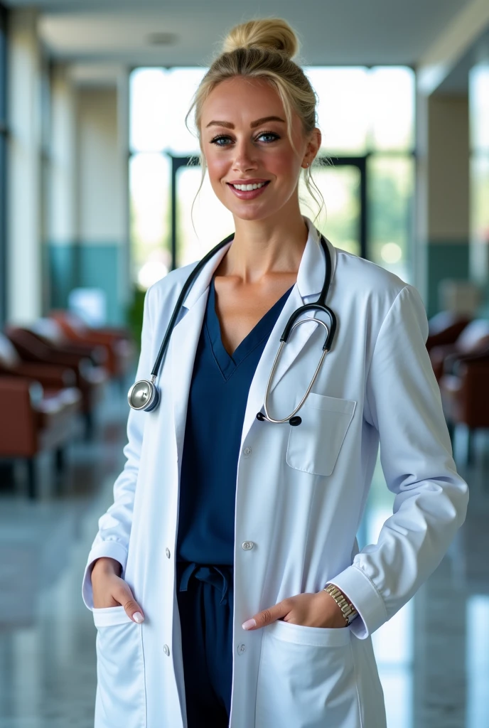 /Medical center, nurse, wearing white uniform, blonde hair, short bangs, light eyes, a woman, doctor, stethoscope on neck, Smile, innocent, 100 mm lens, (photorealistic), look at the viewer, as doctor, ( Intricate Details: 1.2), (Artwork, :1.3), (Best Quality: 1.4), (Ultra High Resolution: 1.2), Ultra High Resolution, (Detailed Eyes), (Detailed Facial Features), HDR, 8K Resolution, (stethoscope), distant vision, reflections on the floor, (lens flare: 1.4)