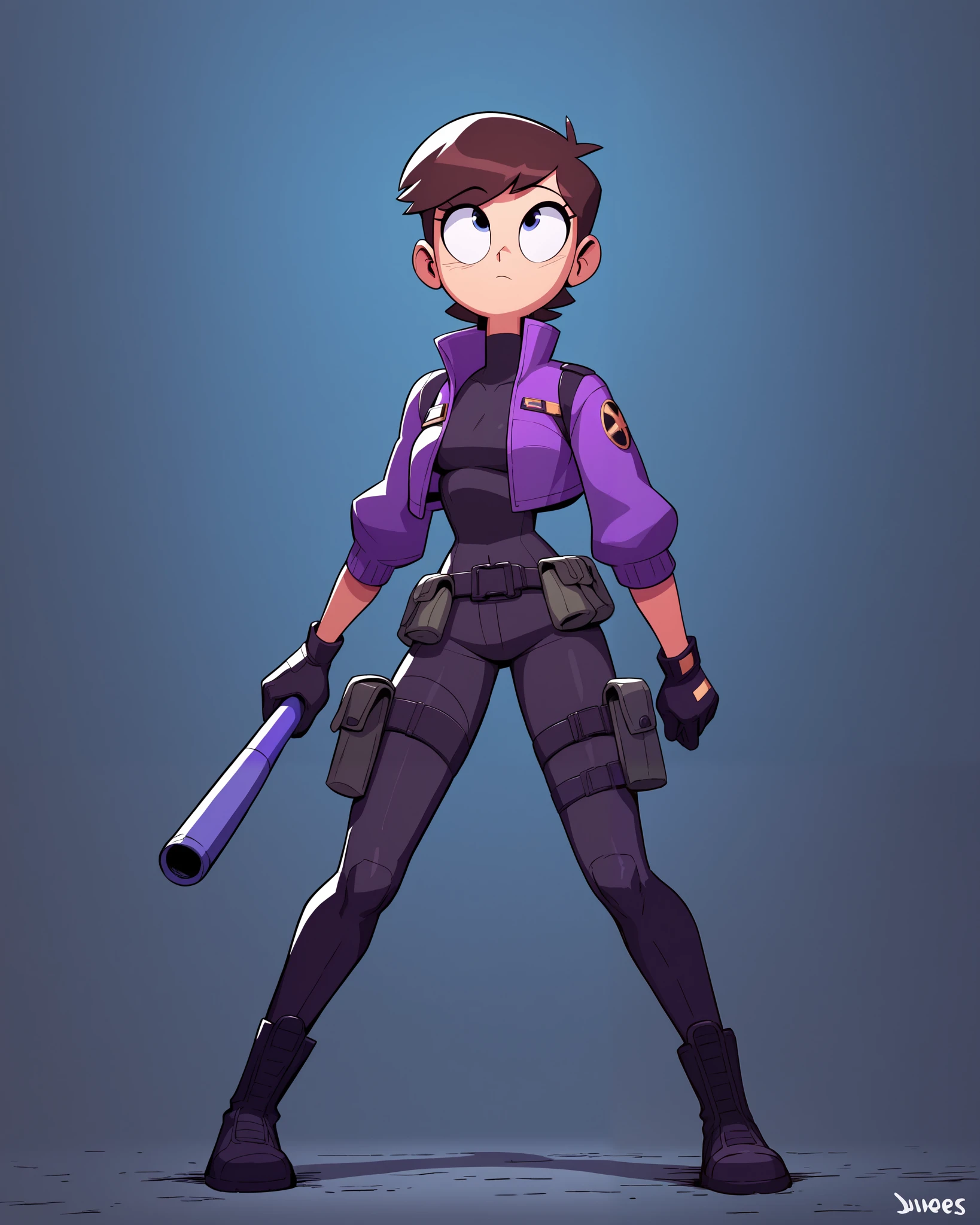 Kate Bishop, (young human woman) also known as Hawkeye, has a sleek and tactical look in her superhero costume. Based on the image you shared, here are the key details:
- **Color Scheme:** Primarily purple with black accents.
- **Jacket:** A fitted, purple tactical jacket with black panels, a high collar, and reinforced sections on the arms and elbows.
- **Gloves:** Black gloves that provide extra grip and protection.
- **Pants:** Black with reinforced sections and protective padding on the knees, ensuring durability and mobility.
- **Boots:** Sturdy black boots with straps, essential for agility and movement in combat situations.
- **Utility Pouches:** Various pouches and a belt, ideal for carrying tools and equipment.
- **Quiver:** A quiver of arrows on her back, highlighting her expertise as an archer.
- **Bow:** Holding a modern recurve bow, essential for her role as Hawkeye.
Her costume is designed to be both functional and visually striking, allowing Kate to move with precision and confidence in her superhero role.
Looking up
State park forest at night, full body view, by diives,