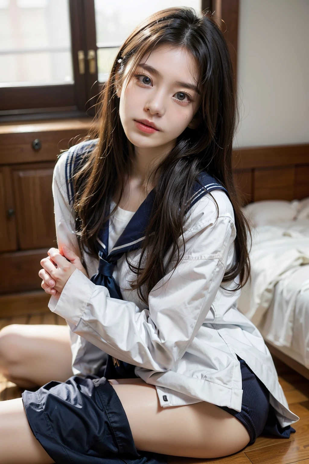 A beautiful girl in a sailor uniform-type high school uniform、My chest and butt are being touched by molesters、 Panties Removed