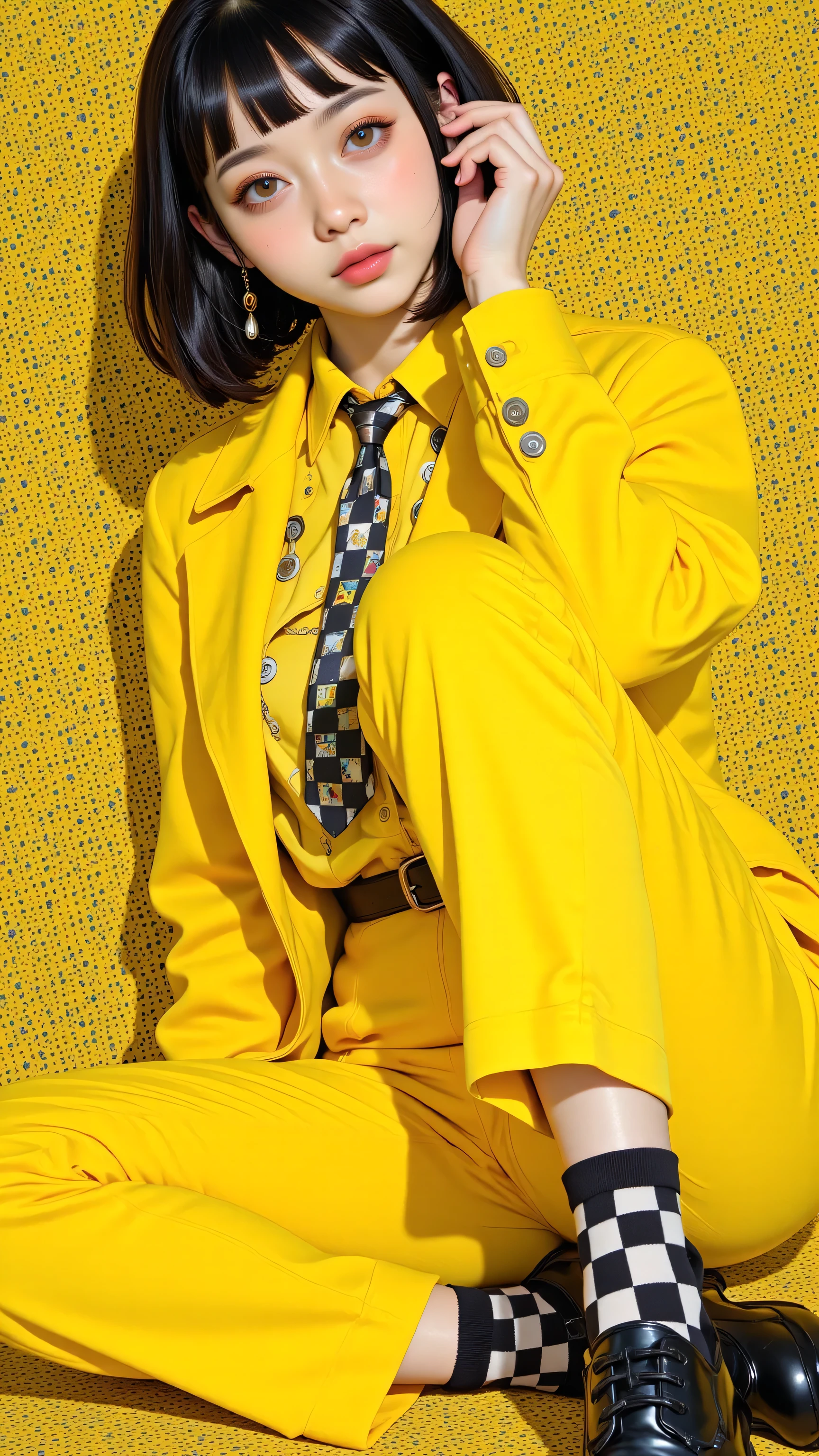 8k, masterpiece, highest quality, Korea's Beautiful Women, short black bob haircut, bangs, yellow outfit, polka dot background, bright yellow and black color scheme, geometric patterns, mod fashion, 1960s inspired, checkered socks, seated pose, vibrant contrasts, studio photography, stylized composition, pop art aesthetic