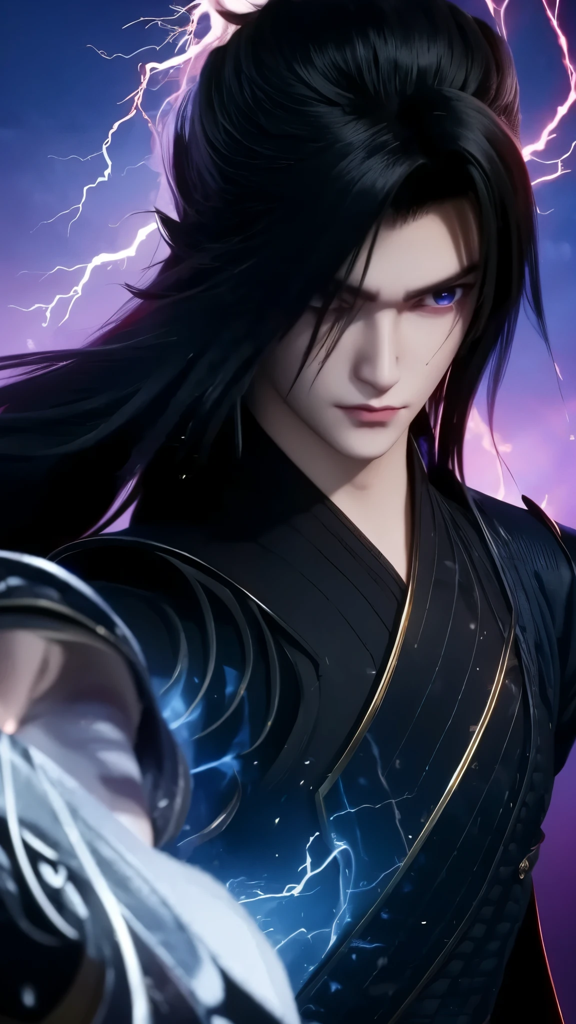 epic anime style, purple lightning, evil temperament, 20-year-old male shadow assassin, glowing black aura, shadow supervisor, handsome face, brilliant and majestic. Beautiful standard body and complete body structure. full body shot of a man with lightning in his hand, an epic anime about a purple energy man, in a battle stance with dark hair and glowing eyes looking at the viewer. Cool Gapmoe Yandere, menacing look, gintama's Hijikata Toushirou, inspired by Masanobu Okumura, the originator of the anime art style, Nobutaka Ike, the night war rages behind him. Highest image quality 8K, details everything 8K