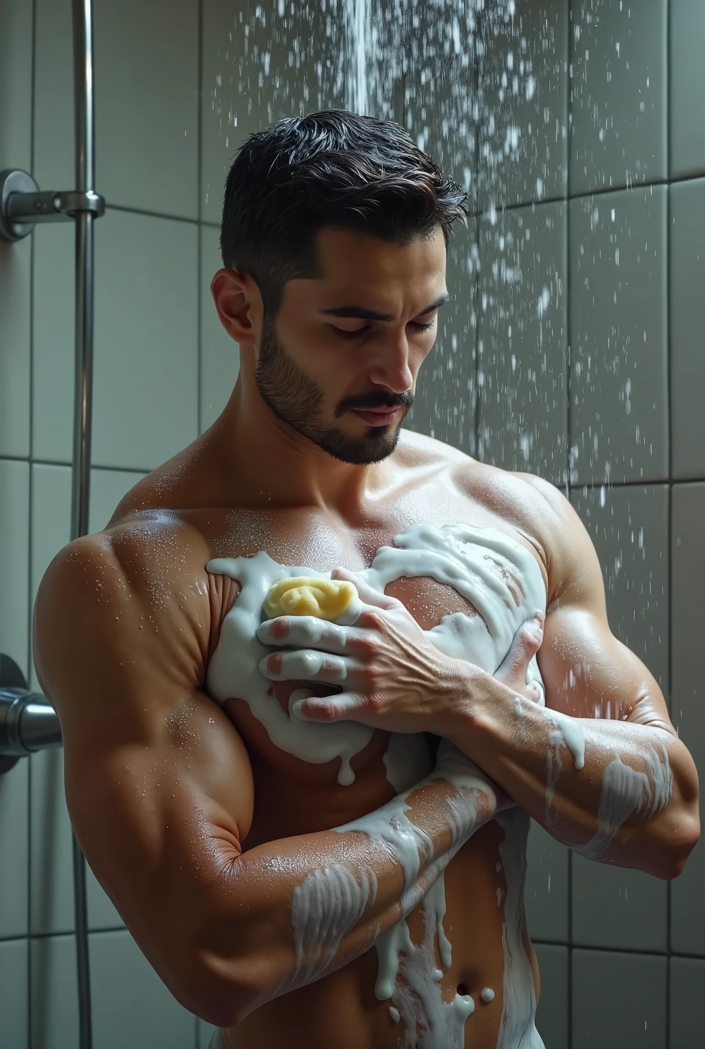(Photorealistic: 1.2, Top Quality, 8k, Wet: 1.3), (Man, hands on his chest), 20-year-old handsome korean bodybuilder boy show his big penis, handsome actor, full naked, actor, open yukata, no underwear, (sweat: 1.2, wet: 1.2), fine skin, (film lighting, chest hair, arm hair), soft light, double eyelids, look at the camera (seductive), (((excited)), full naked, expose his big penis, men penis, corrected penis, smooth shinning skin,