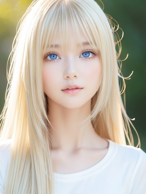 浅笑、natta、Raw photography、(((Portrait of extreme beauty)))、((glistning skin))、女の子1人、 beautiful girl in Prague、((Bright platinum blonde hair))、[bright light blue eyes]、Glossy glossy skin、Silky Super Long Straight Hair、eye liner、Long bangs、Hair between the eyes、Fluttering hair、((​masterpiece、最hightquality、ultra-detailliert、Film Light、intricate-detail、hight resolution、8K、ighly detailed))、细致背景、8K UHD、Digital SLR、Soft light、hightquality、Film grain、富士XT3 、The depth of field is shallow、natural soft light、（No hands）、Kamimei、Sareme、cheek highlights、Gloss Face