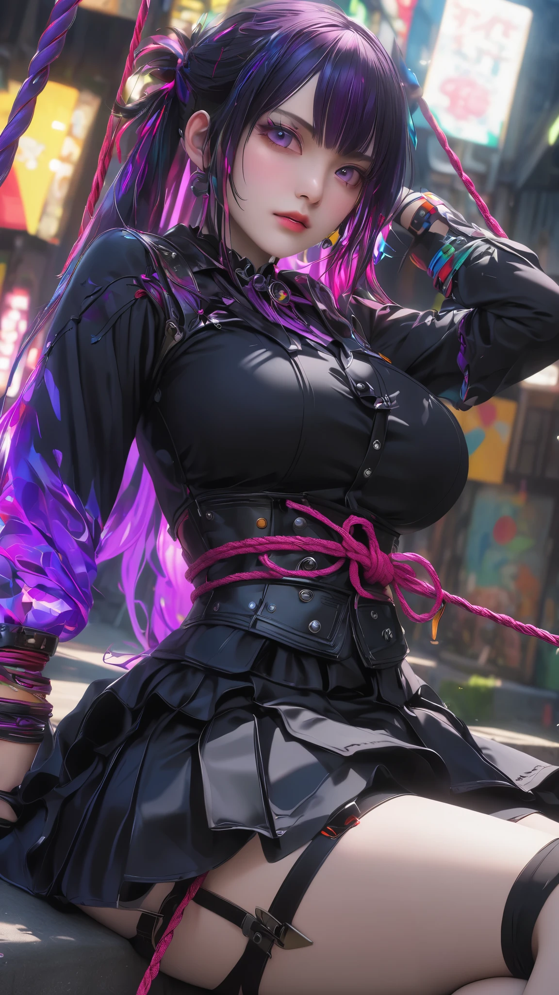  Masterpiece、 high quality、 Hi-Res、 Hi-Res、 portrait、 、Super big butt 、 thin waist、Colourful long-sleeved goth_punk、 skirt by humili、  beautiful face、 Detailsな Details、 Absurd Details, best light,  sharp,  sharp image, ultimate, Details, extremely  Details、 Particle Effect , Beautiful Effects,  vibrant colors,  neon 、 BDSM 、超A high resolution 、 octane rendering、 portrait、 a face with a realistic texture と肌、 Complete Technique、 CGSoation Trends 、 SLR during homework、Original photo、 photorealistic:1.4、Super big butt:1.4、Super big breasts、Shibari、rope、 close-up、 attached、torture:1.2、Punishment、 crying face、tears、Healthy:1.5、Realistic 3D CGI、 realistic textured digital art、sit、 a face with a realistic texture :1.5、