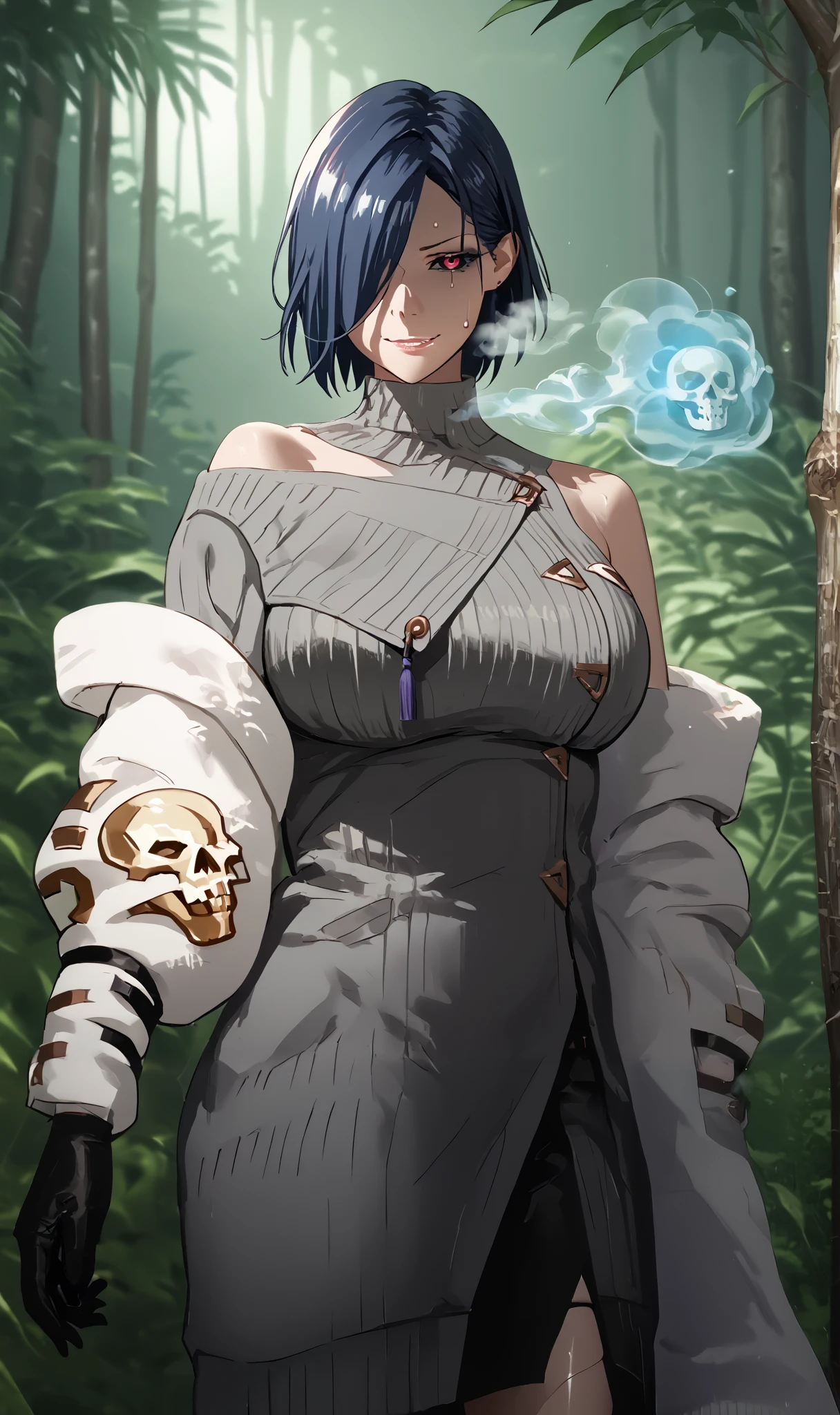 , score_9, score_8_up, score_7_up, score_6_up, score_5_up, score_4_up, uncensored, kirishima touka, ((short hair)), blue hair, hair over one eye, black sclera, red eyes, bright pupils, anime coloring, anime screencap, (voluptuous:1.3), (thick:1.3), BREAK UHD, retina, masterpiece, accurate, anatomically correct, textured skin, super detail, high details, high quality, award winning, best quality, highres, 4K, excessive sweating, sweating, sweating drop, (gasping, heavy breathing:1.3), (skindentation:1.2), perfect eyes, beautiful eyes, eyelashes, makeup, detailed body, perfect body, BREAK, 1girl, solo, skull, glowing, looking_at_viewer, holding_skull, gloves, holding, magic, cowboy_shot, breasts, glowing_eyes, smirk, shaded face, at the forest, jungle, white jacket, sweater dress, off shoulder, black short, (aura:1.2)